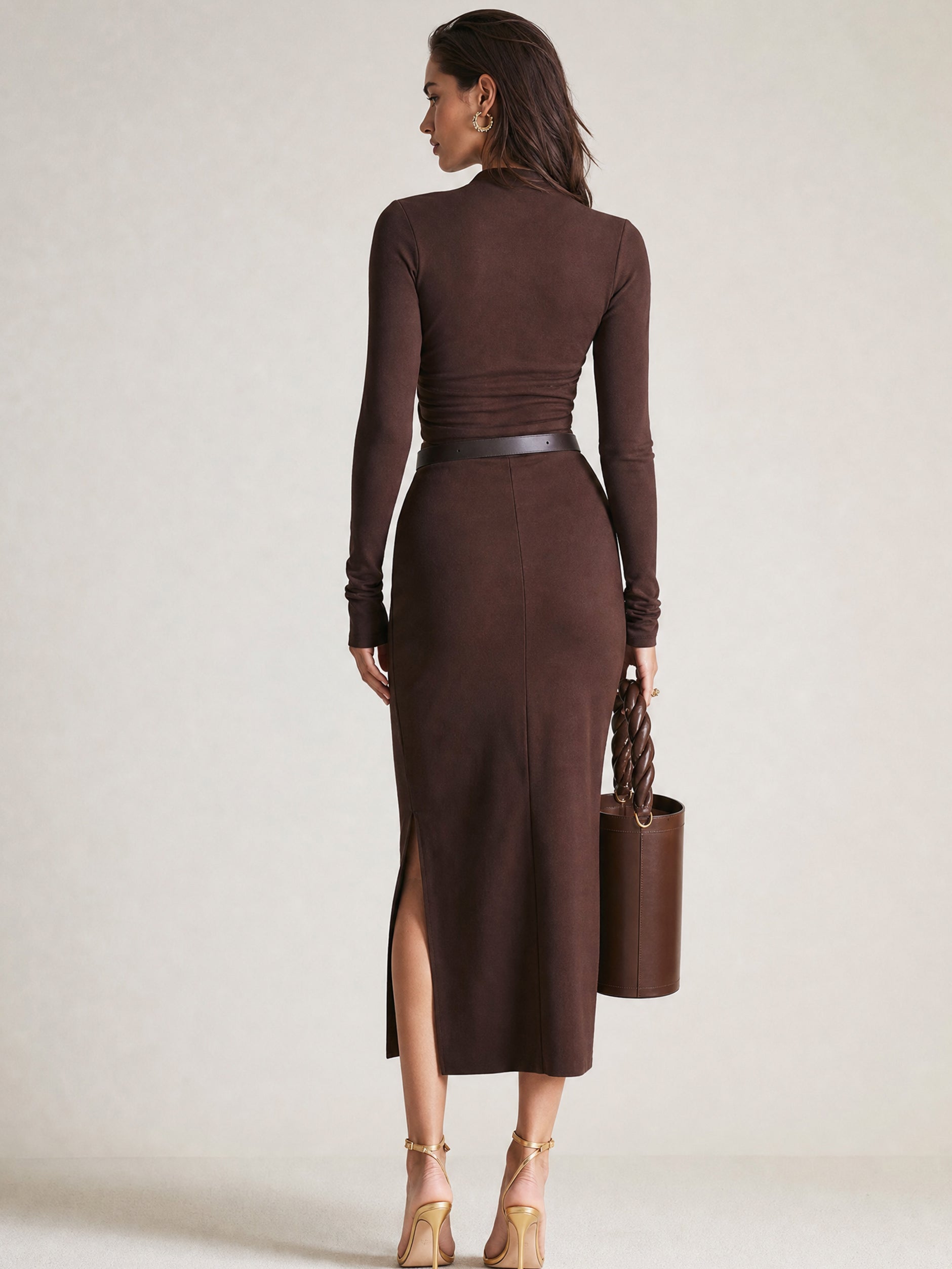 Knit Wrap V-Neck Cutout Top& High Slit Midi Skirt Set