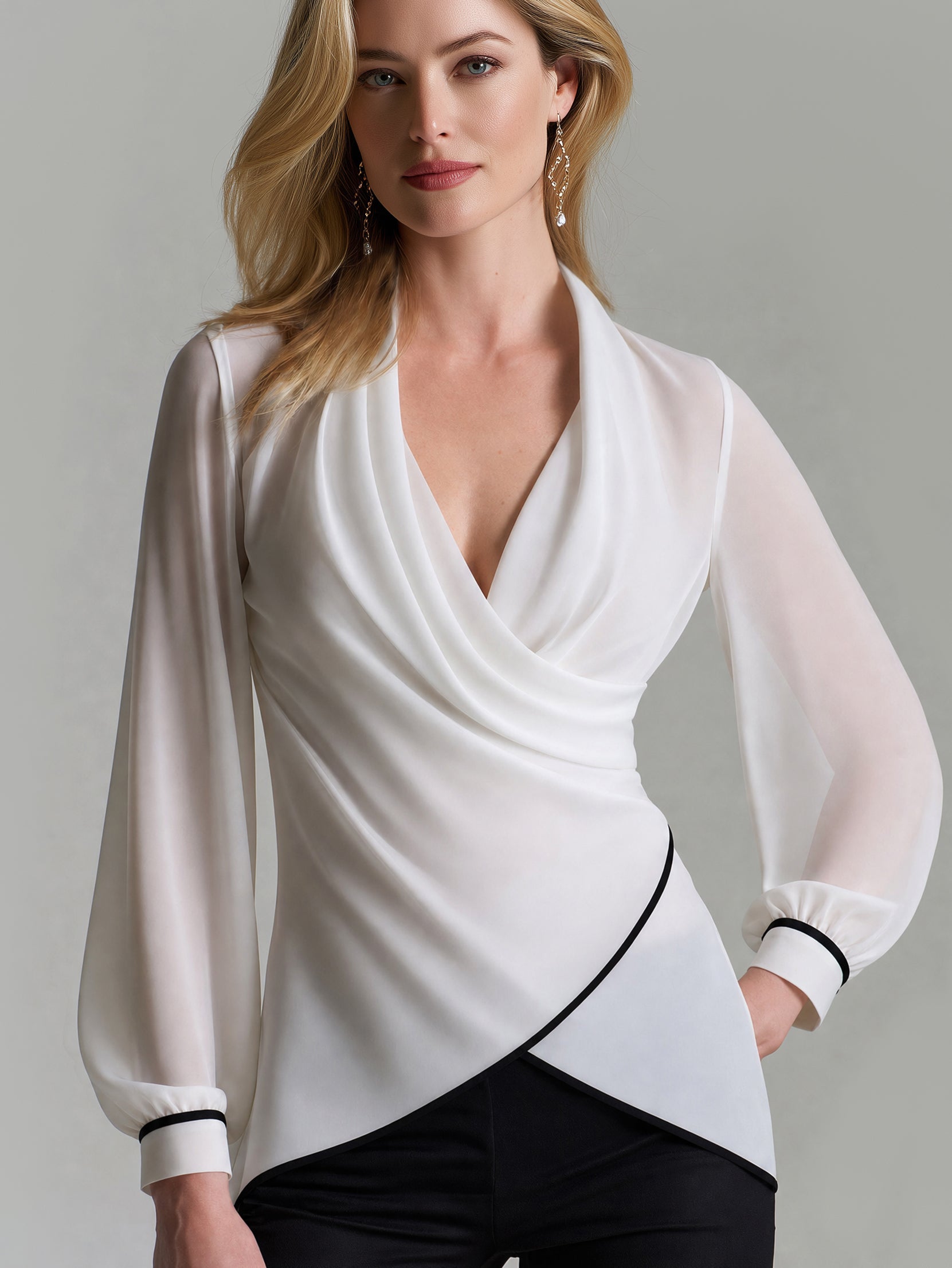 Chiffon Cowl Neck Wrap Asymmetric Hem Long Sleeve Blouse