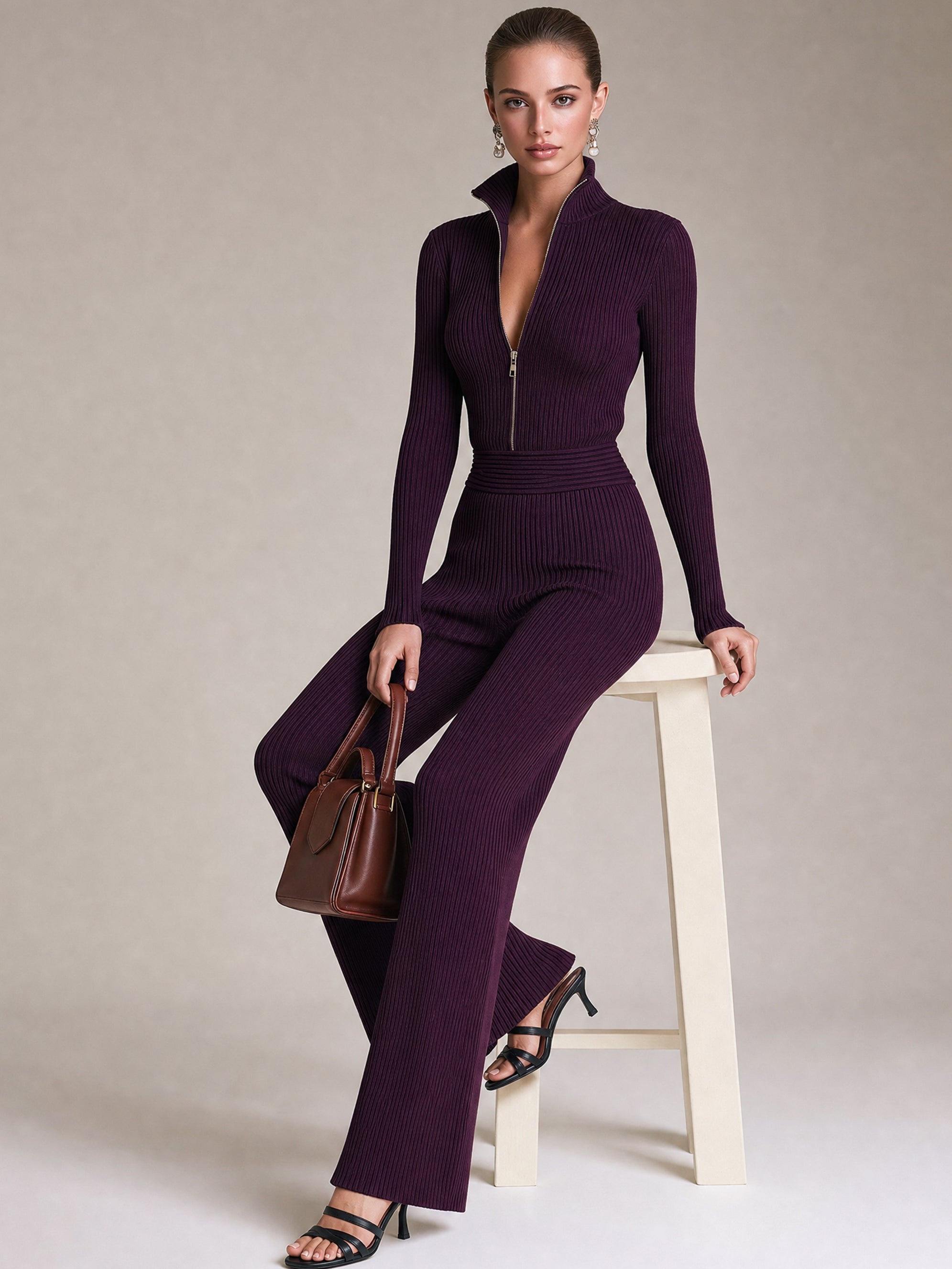 Plum Purple Ribbed Knit Half-Zip Stand Collar Wide Leg Jumpsuit