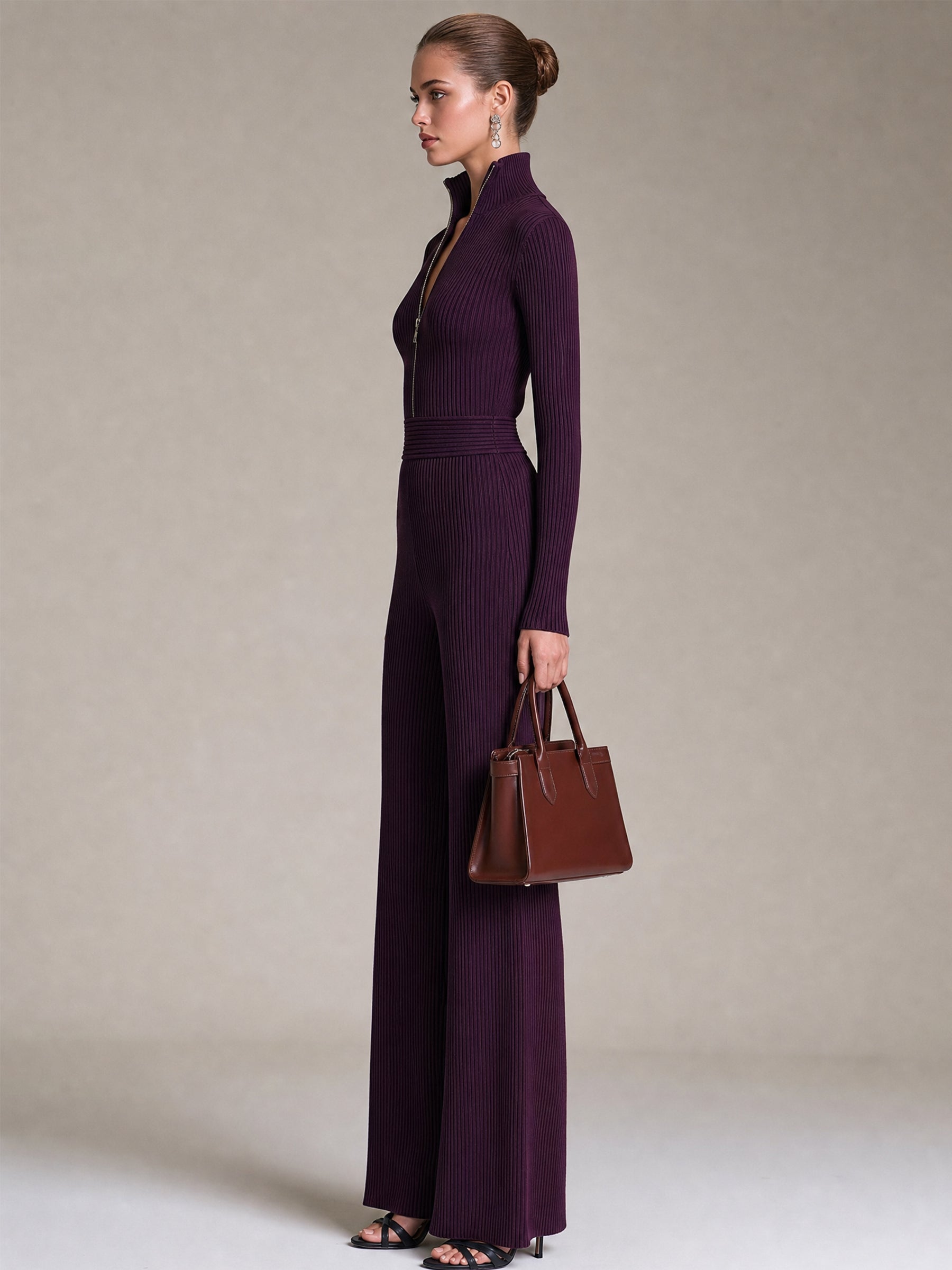 Plum Purple Ribbed Knit Half-Zip Stand Collar Wide Leg Jumpsuit