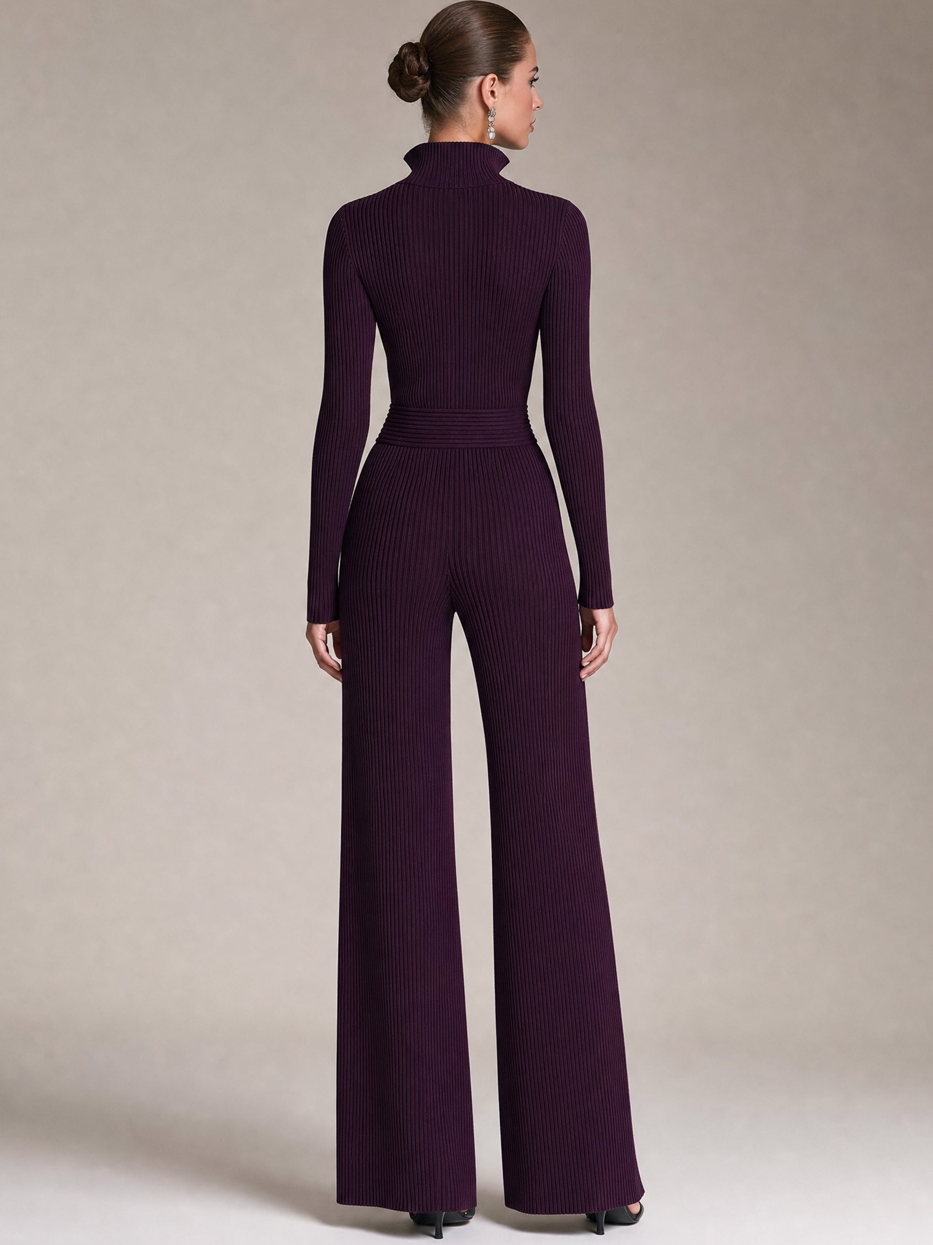 Plum Purple Ribbed Knit Half-Zip Stand Collar Wide Leg Jumpsuit