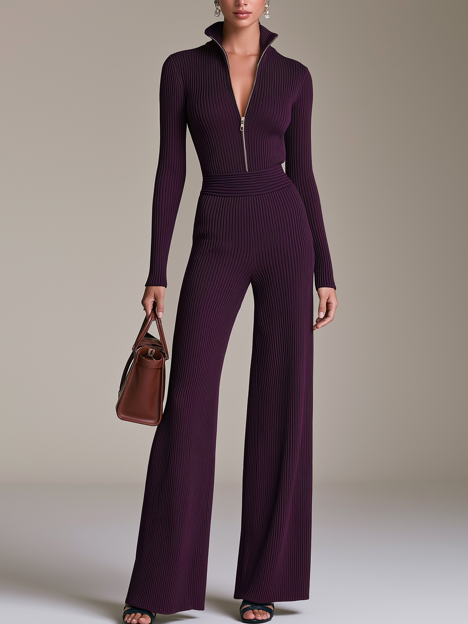 Plum Purple Ribbed Knit Half-Zip Stand Collar Wide Leg Jumpsuit