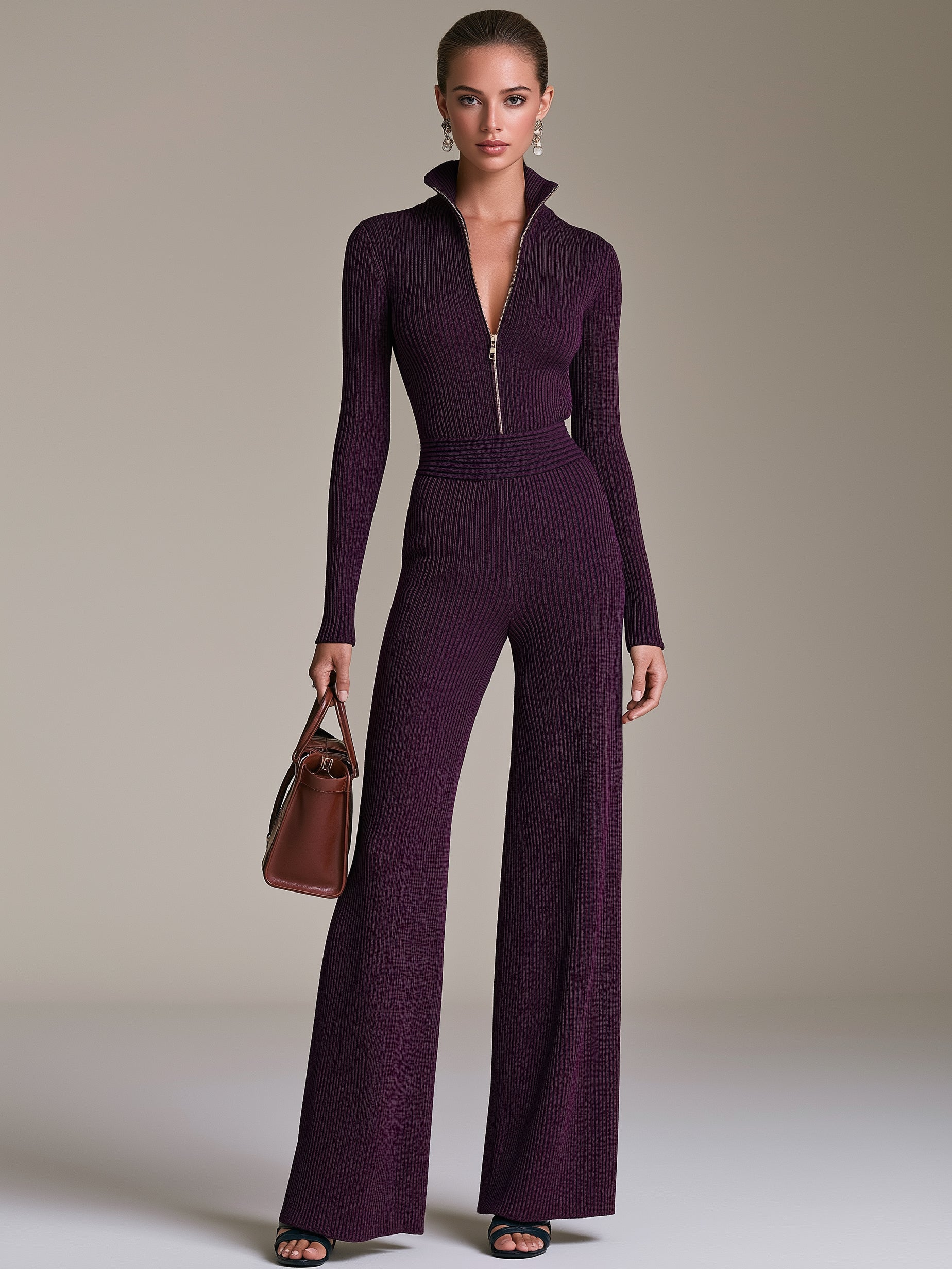 Plum Purple Ribbed Knit Half-Zip Stand Collar Wide Leg Jumpsuit