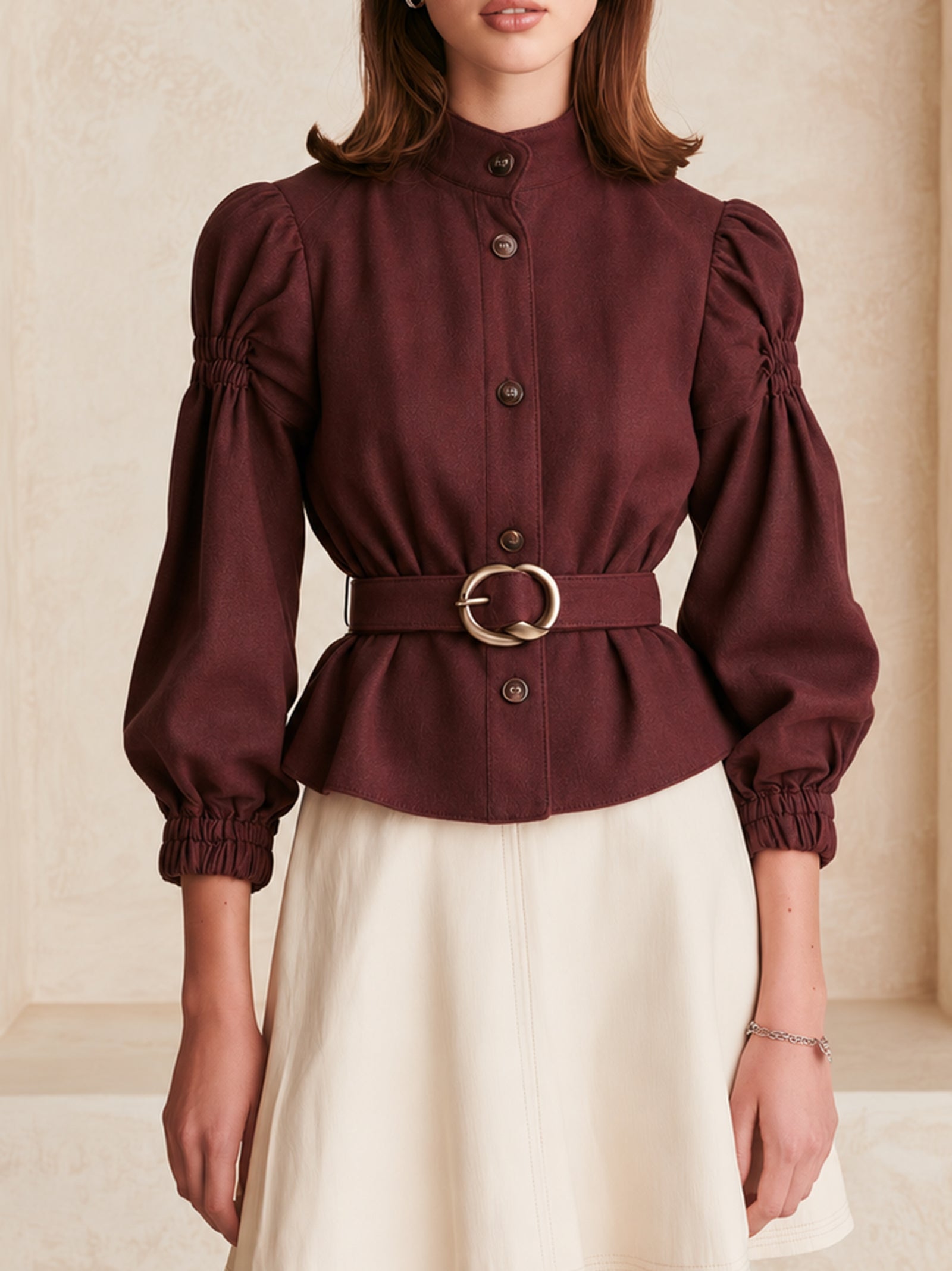 Elegant Burgundy Jacket With A Nipped-in Waist And Puff Sleeves.