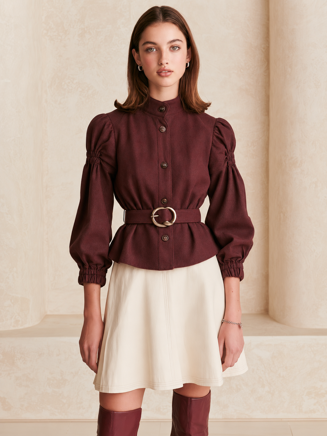 Elegant Burgundy Jacket With A Nipped-in Waist And Puff Sleeves.