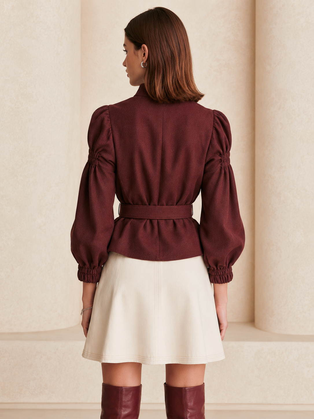 Elegant Burgundy Jacket With A Nipped-in Waist And Puff Sleeves.