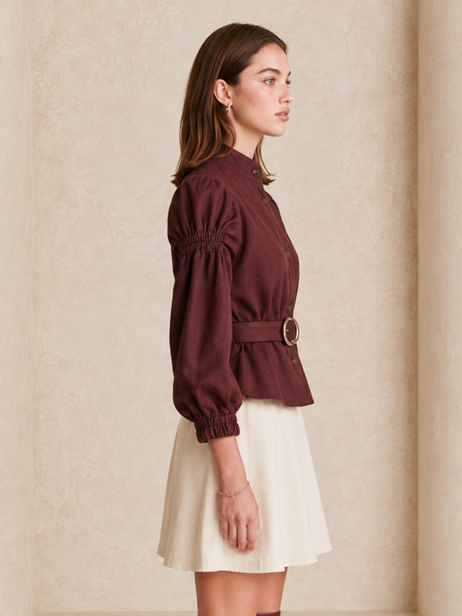Elegant Burgundy Jacket With A Nipped-in Waist And Puff Sleeves.