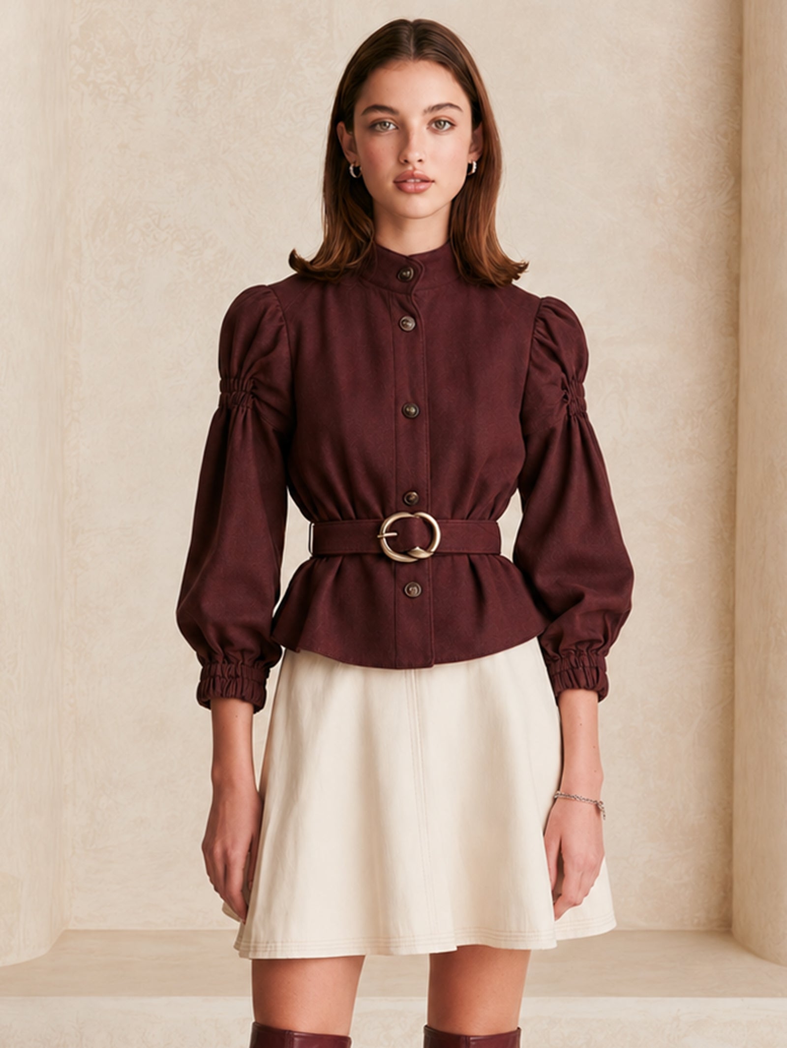 Elegant Burgundy Jacket With A Nipped-in Waist And Puff Sleeves.