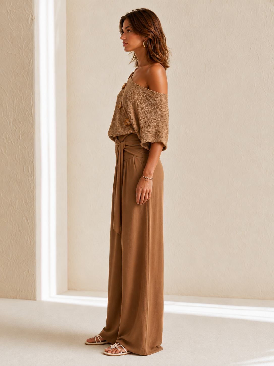 Brown Off-the-shoulder Sweater With Wooden Buttons And Linen Trousers Set
