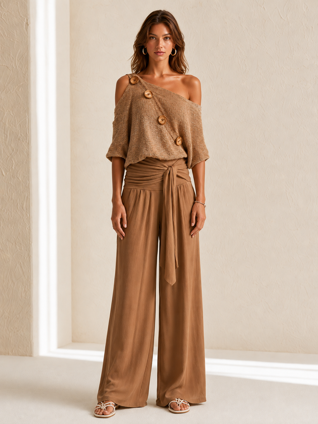 Brown Off-the-shoulder Sweater With Wooden Buttons And Linen Trousers Set