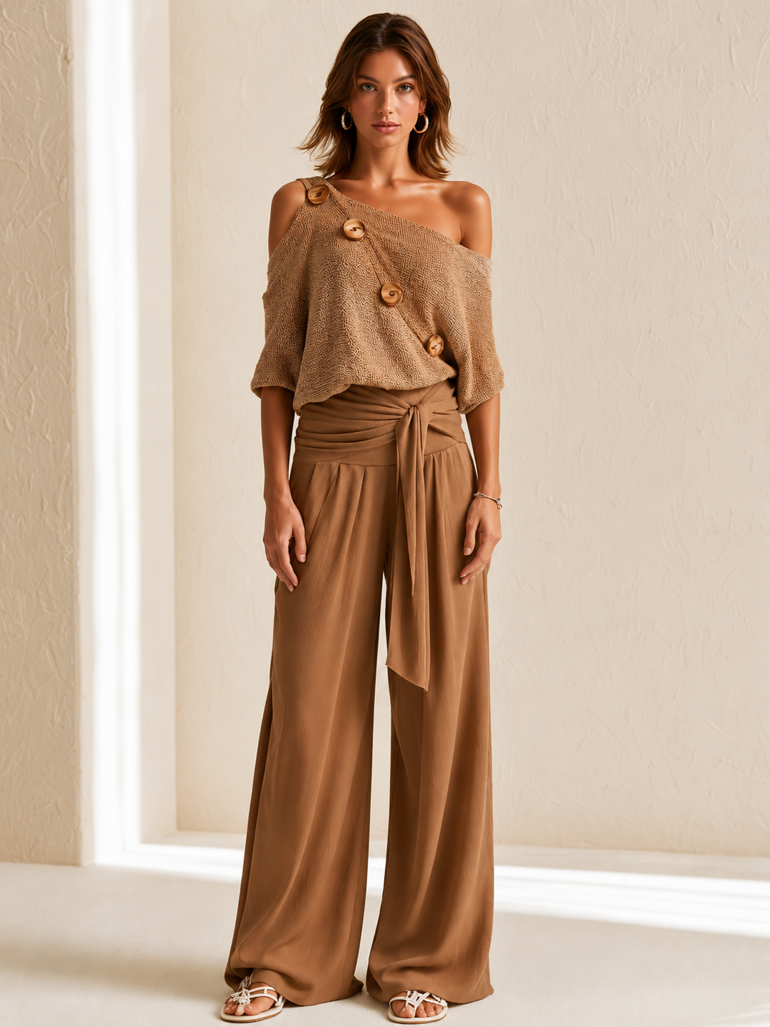 Brown Off-the-shoulder Sweater With Wooden Buttons And Linen Trousers Set