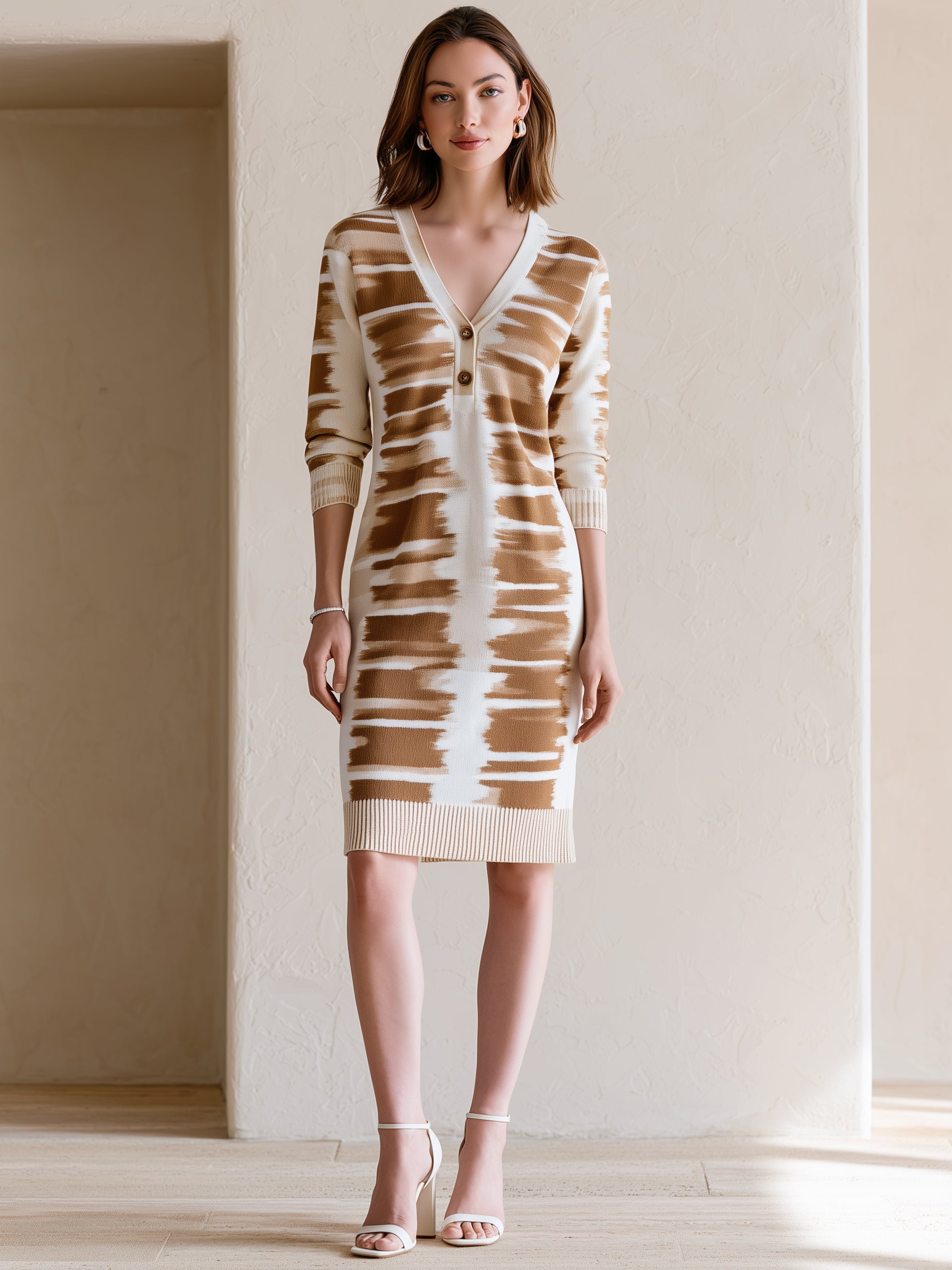 Elegant White Long-sleeved Knit Dress With A Tan Floral Pattern