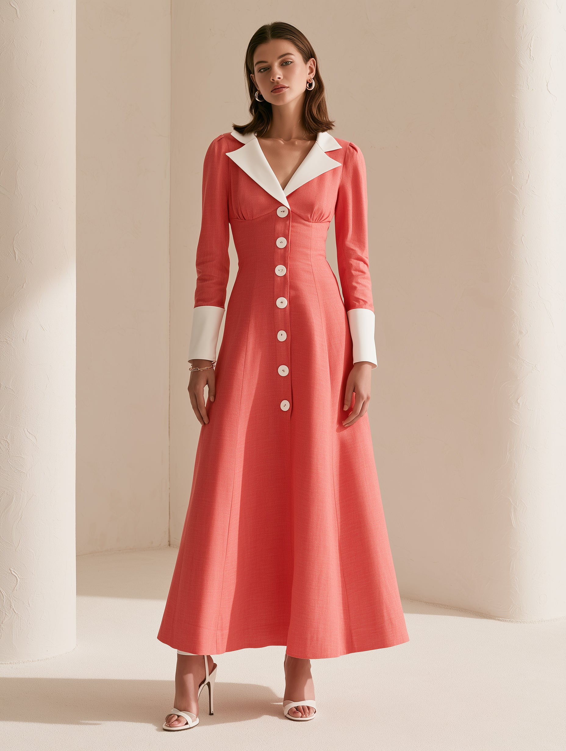 Elegant Watermelon-red Color-blocked A-line Long-sleeved Maxi Dress