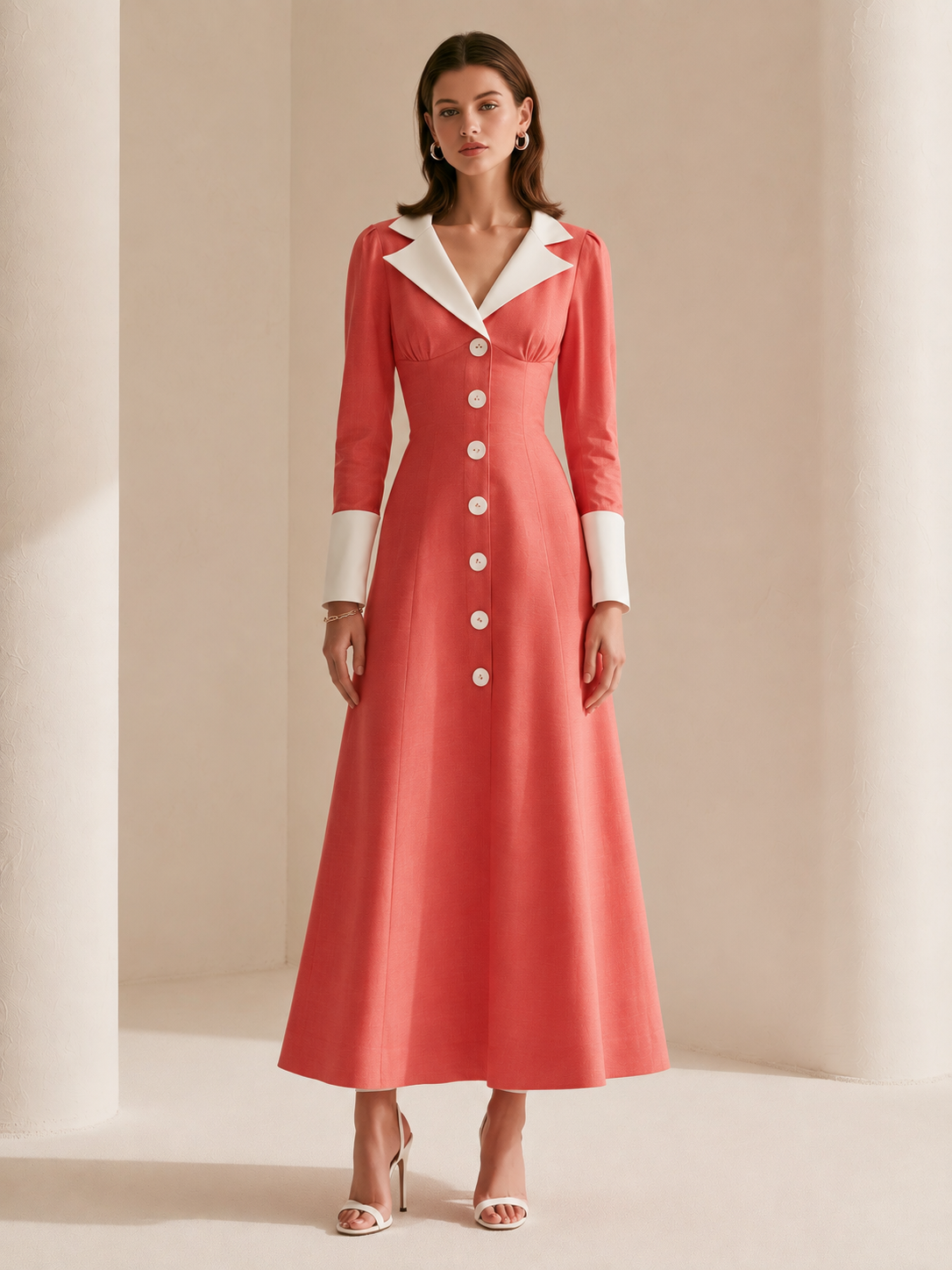 Elegant Watermelon-red Color-blocked A-line Long-sleeved Maxi Dress