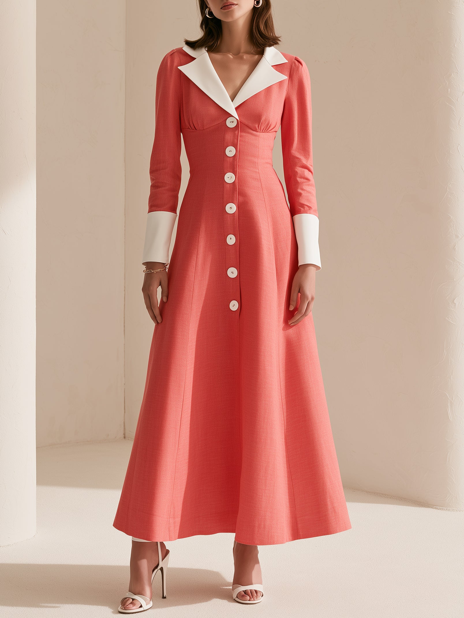 Elegant Watermelon-red Color-blocked A-line Long-sleeved Maxi Dress