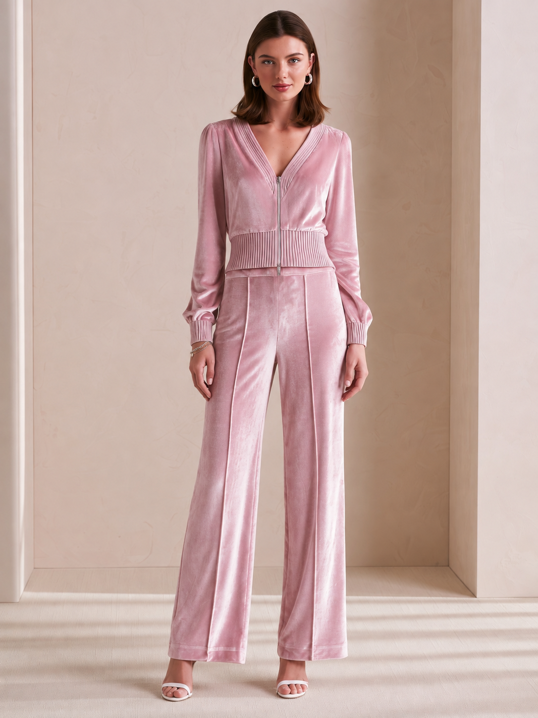 Elegant Light Pink Velvet V-neck Long-sleeve Set