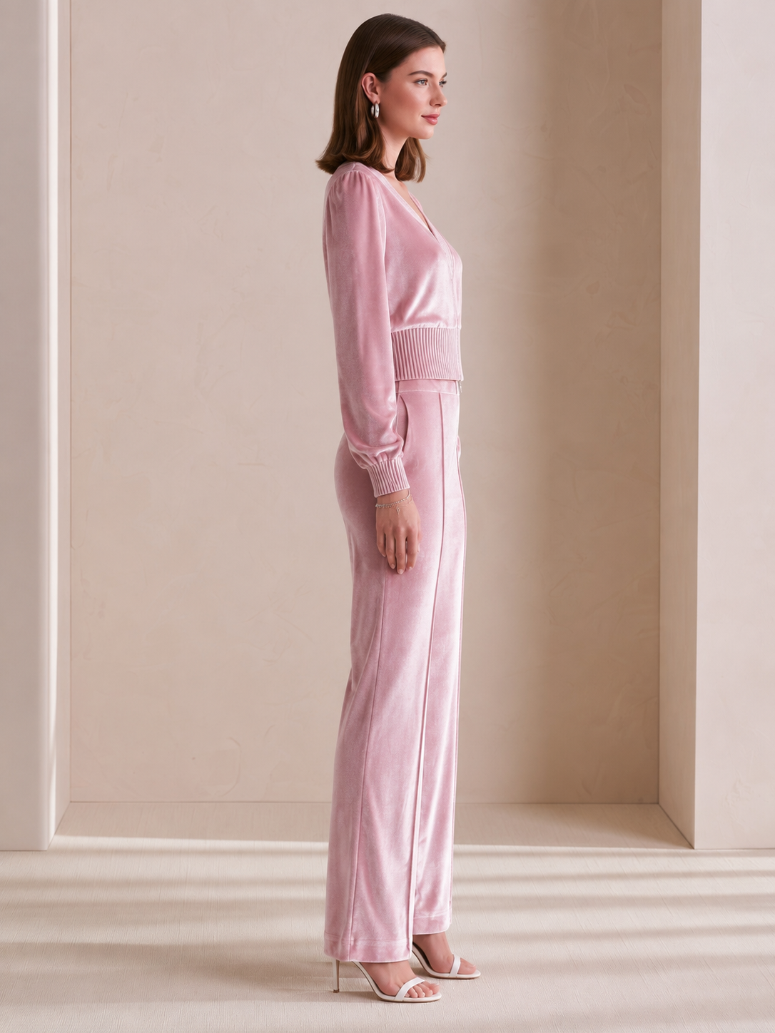 Elegant Light Pink Velvet V-neck Long-sleeve Set