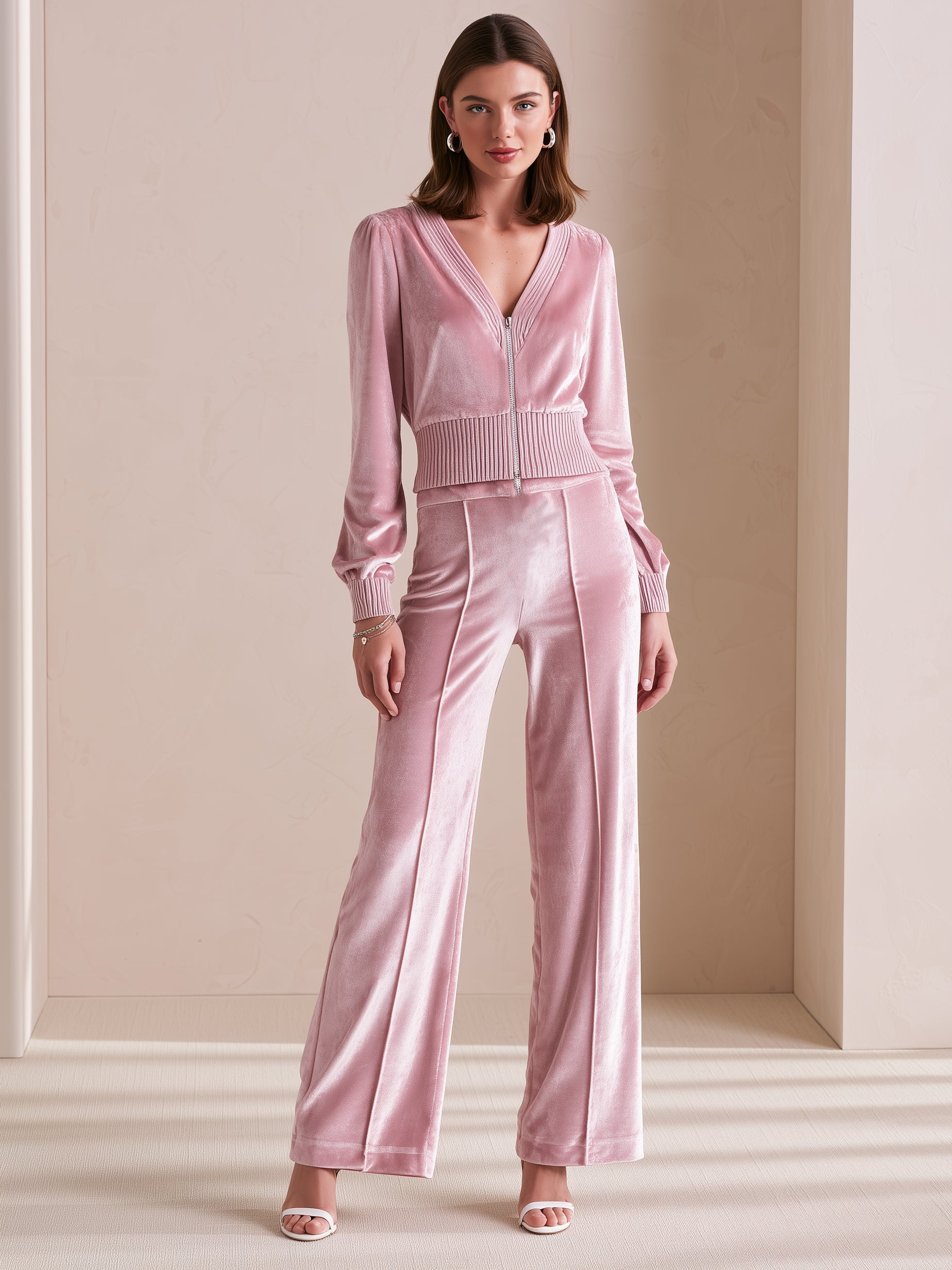 Elegant Light Pink Velvet V-neck Long-sleeve Set