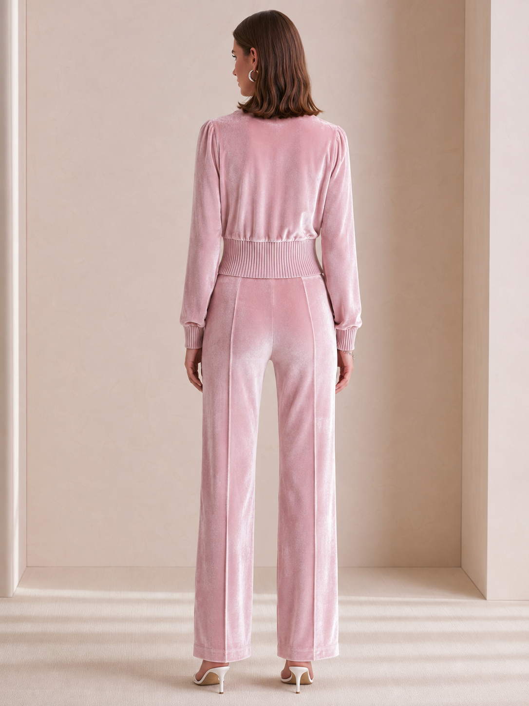 Elegant Light Pink Velvet V-neck Long-sleeve Set