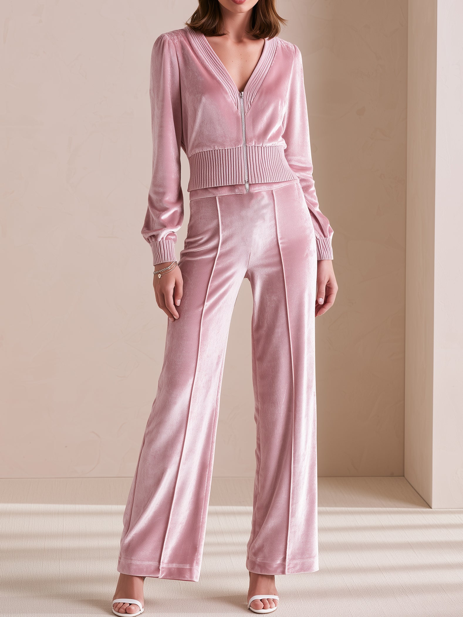 Elegant Light Pink Velvet V-neck Long-sleeve Set
