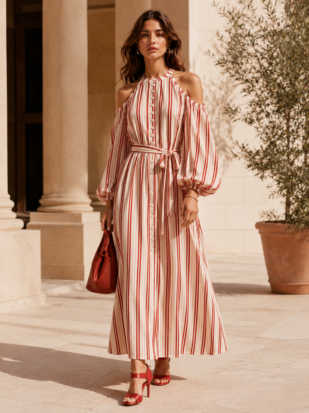 Elegant Red And White Striped Long-sleeve Halter Dress