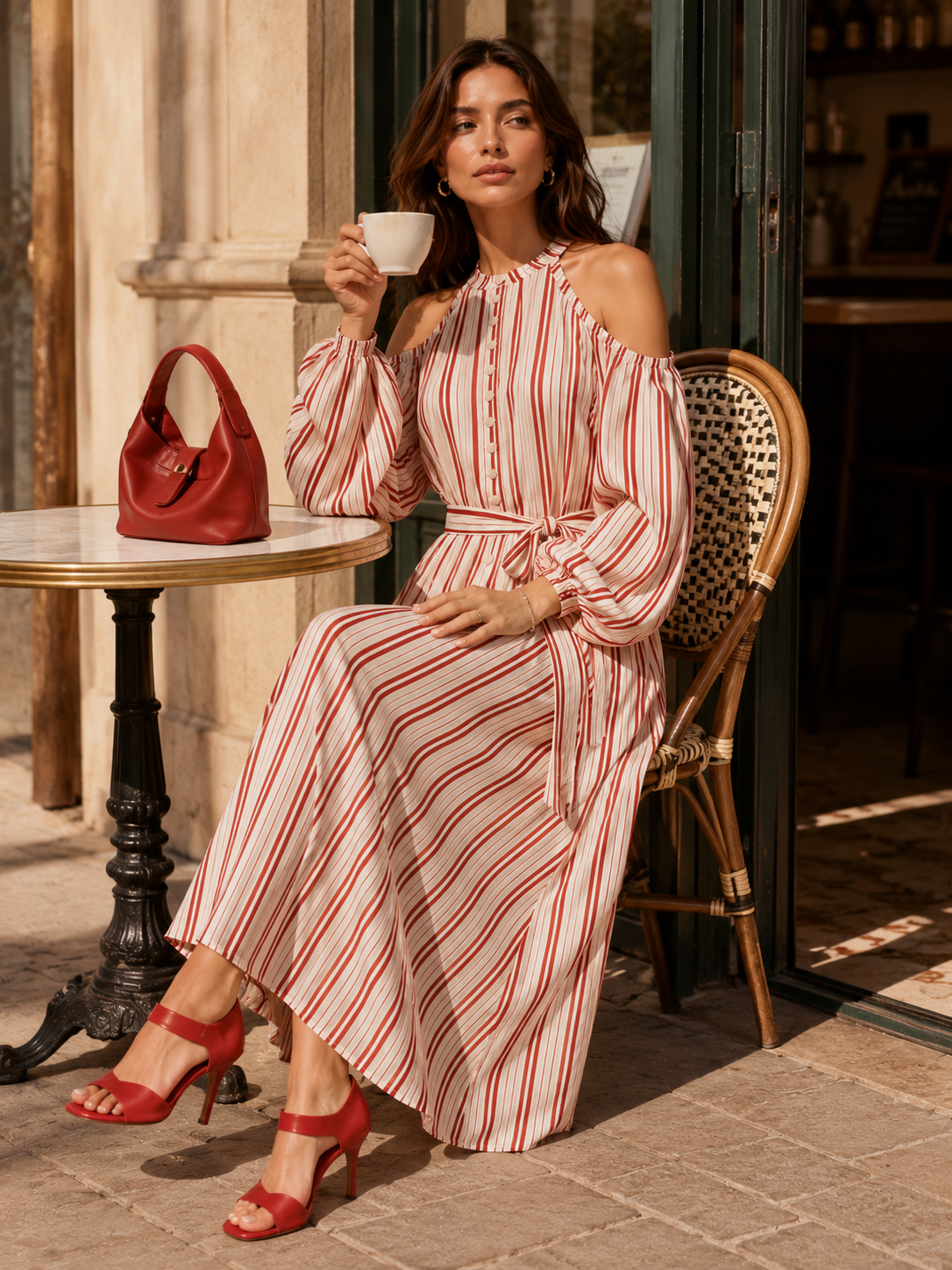 Elegant Red And White Striped Long-sleeve Halter Dress