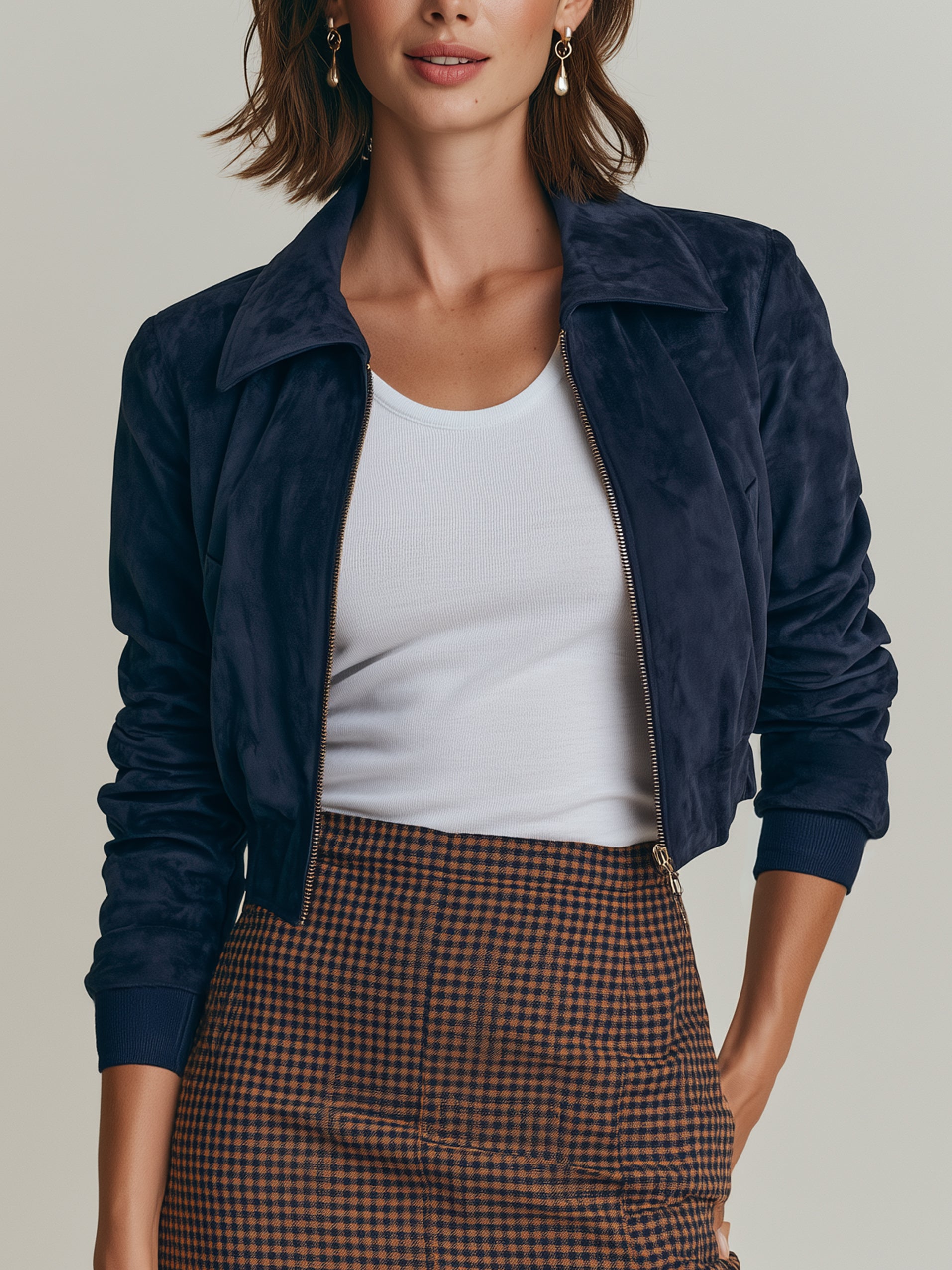 Navy Suede Cropped Bomber Jacket With Zip-Up