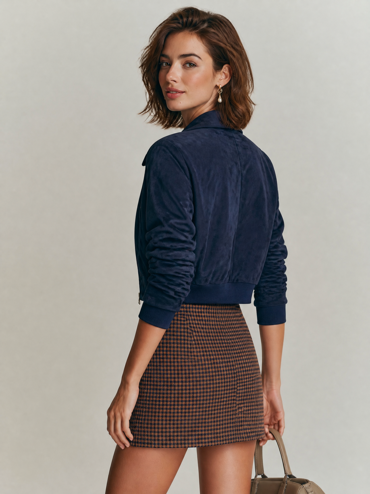 Navy Suede Cropped Bomber Jacket With Zip-Up