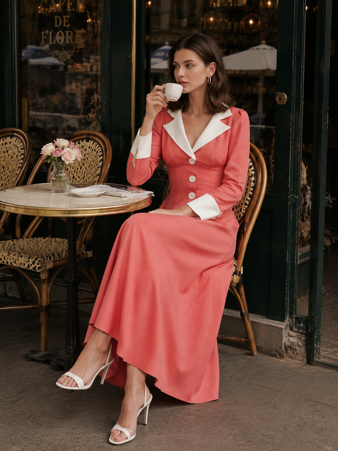 Elegant Watermelon-red Color-blocked A-line Long-sleeved Maxi Dress