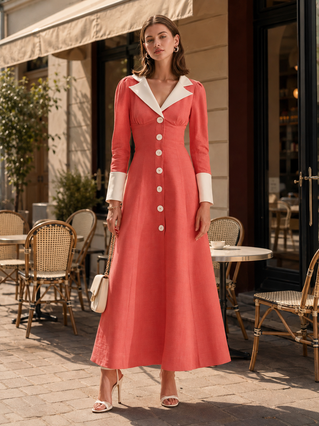Elegant Watermelon-red Color-blocked A-line Long-sleeved Maxi Dress