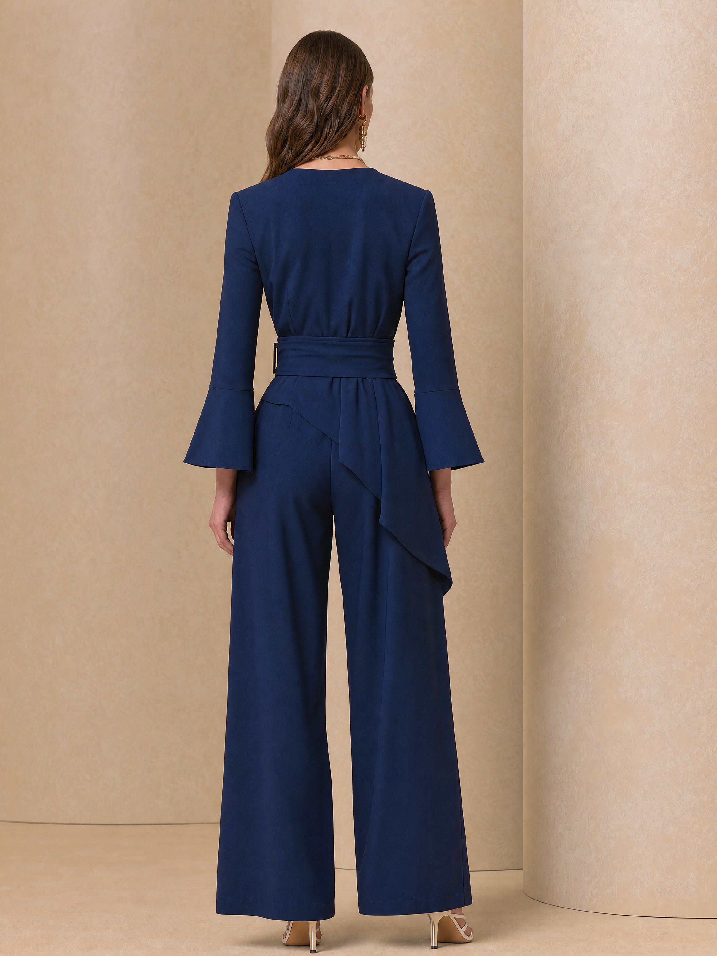 Elegant Navy Blue Wrap V-Neck Top & Wide Leg Pants Set