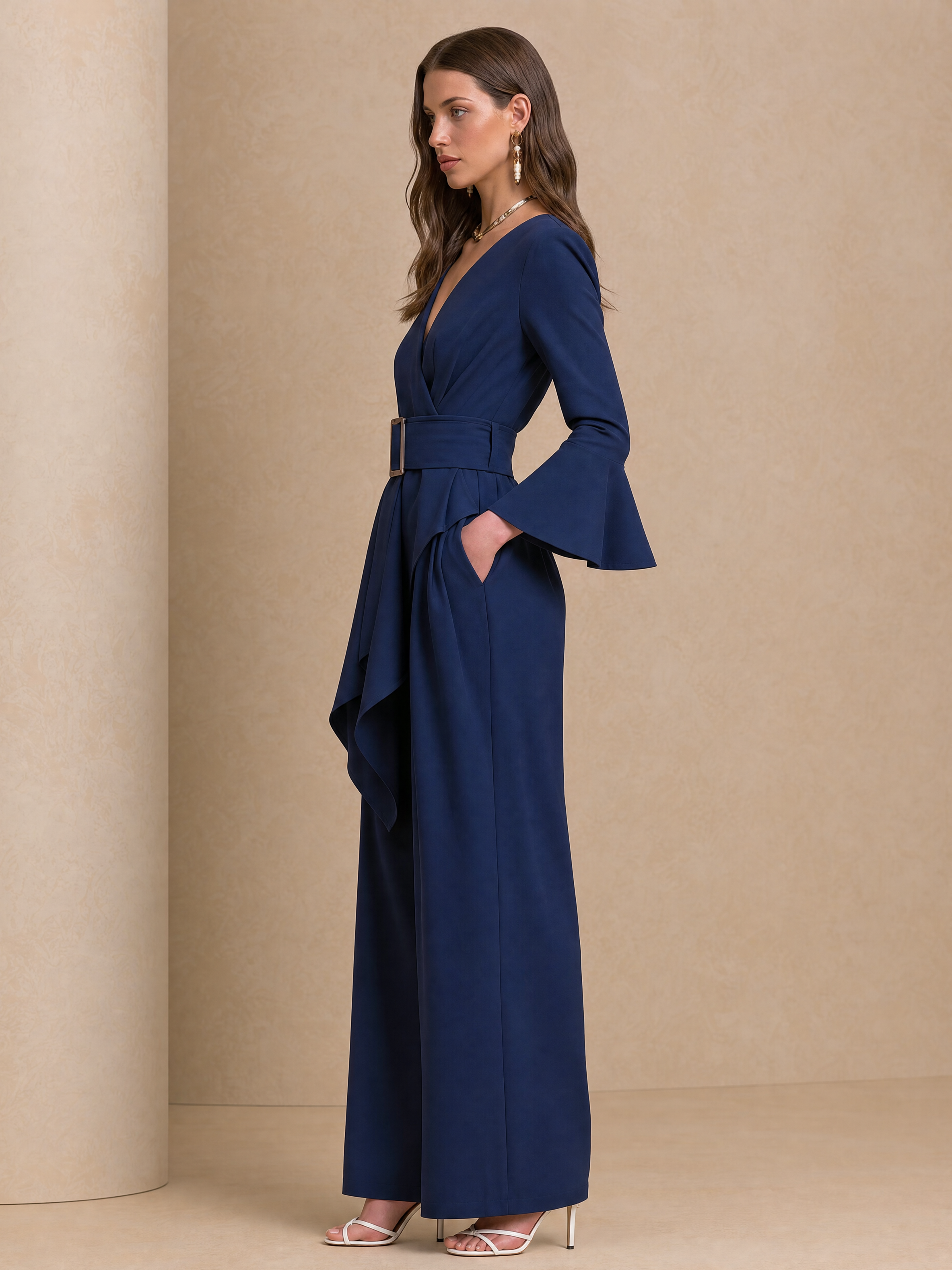 Elegant Navy Blue Wrap V-Neck Top & Wide Leg Pants Set