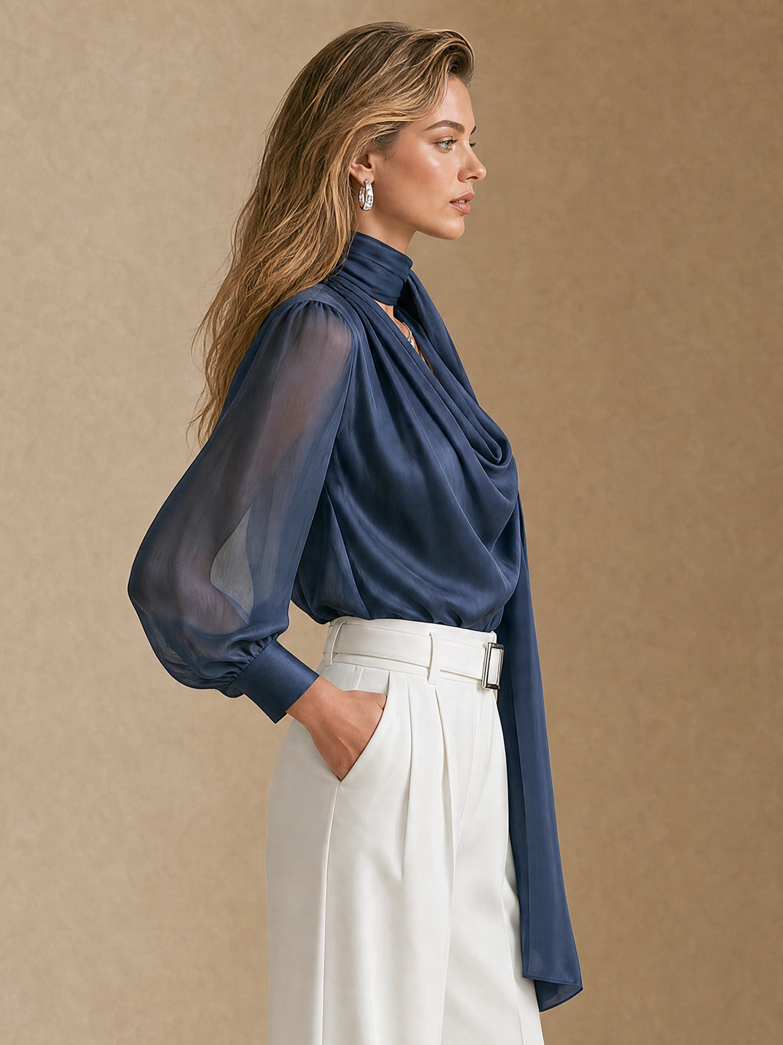 Elegant Deep Navy Chiffon Draped Neck Blouse
