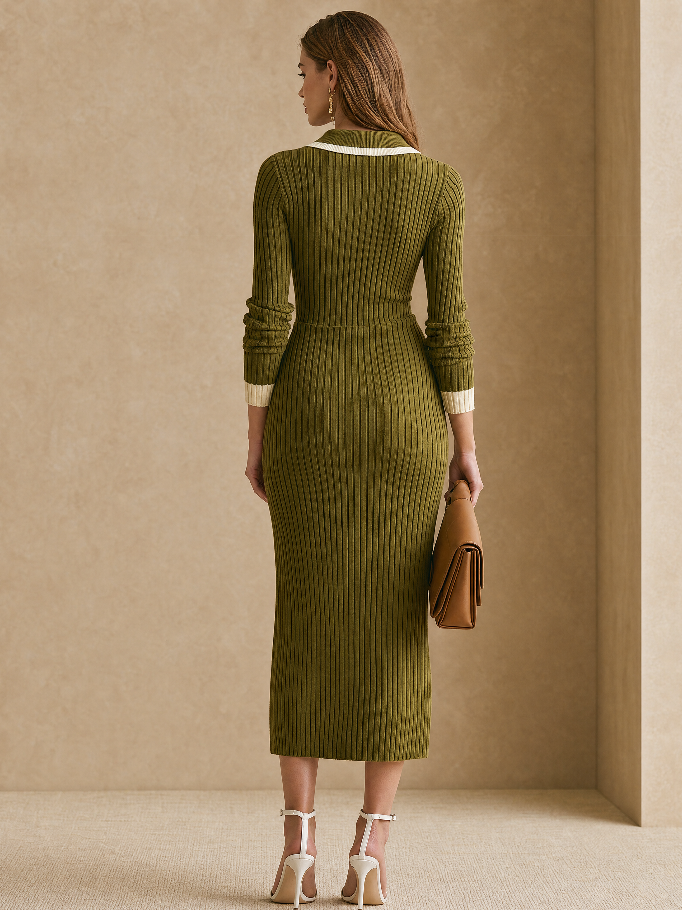 Elegant Olive Green Ribbed Knit Asymmetric Midi Dress