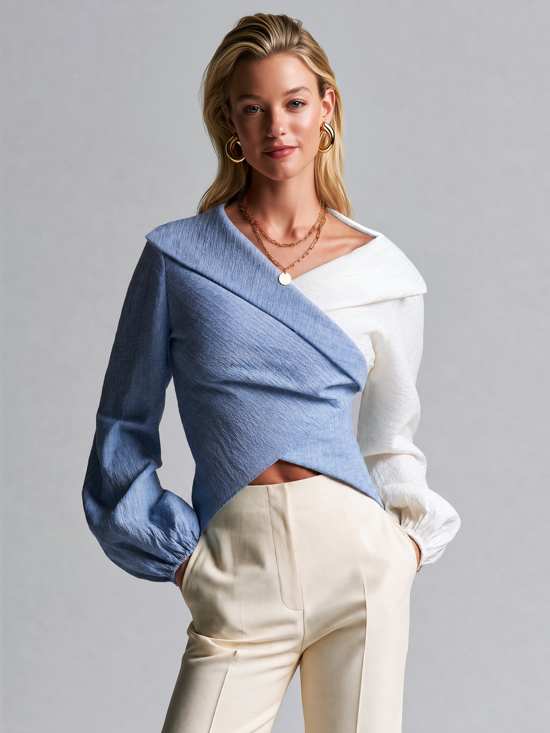 Blue & White Wraplong Long Sleeve Blouse