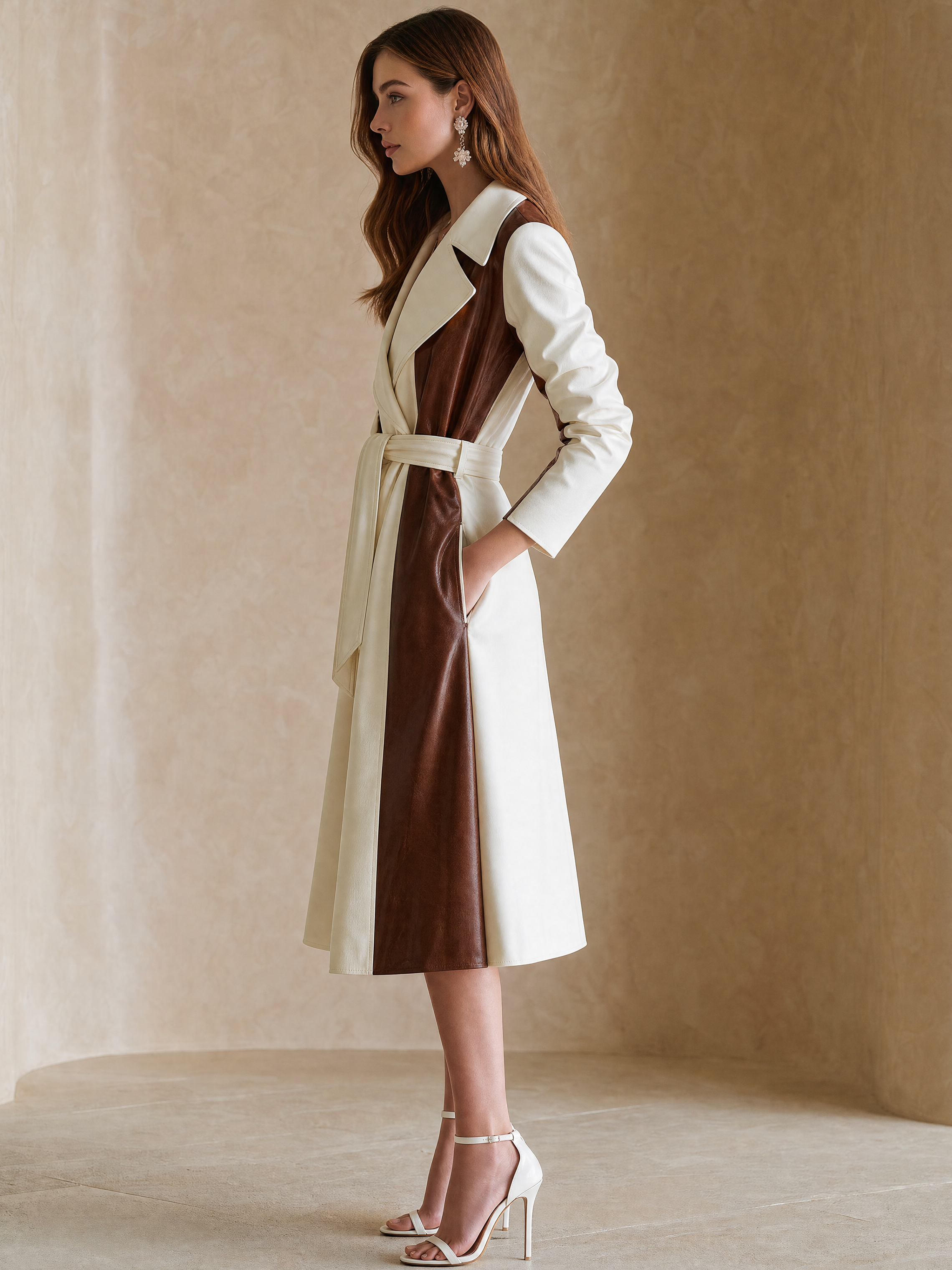 Elegant Ivory & Coffee Brown Contrast Patchwork Trench Coat
