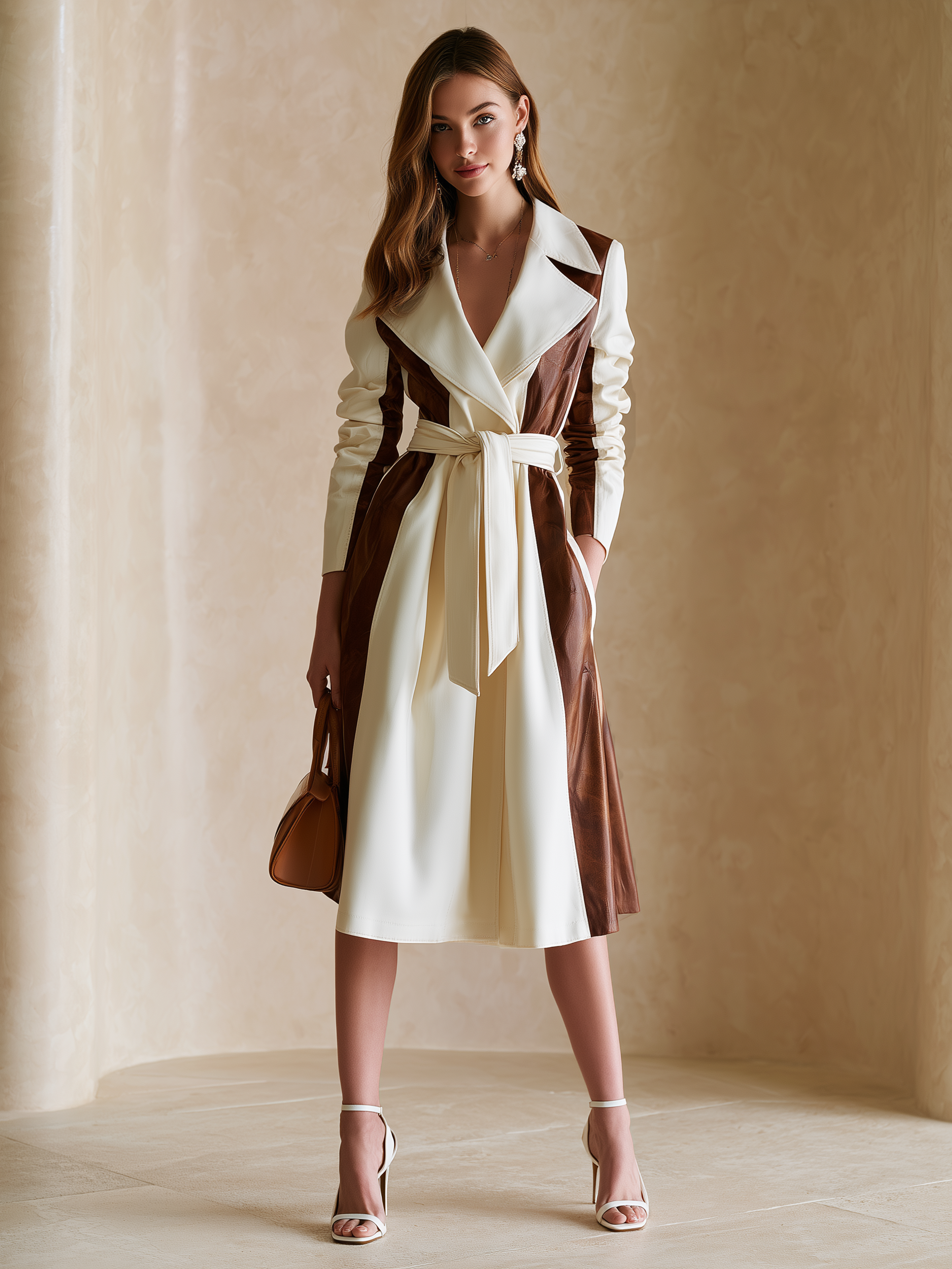 Elegant Ivory & Coffee Brown Contrast Patchwork Trench Coat