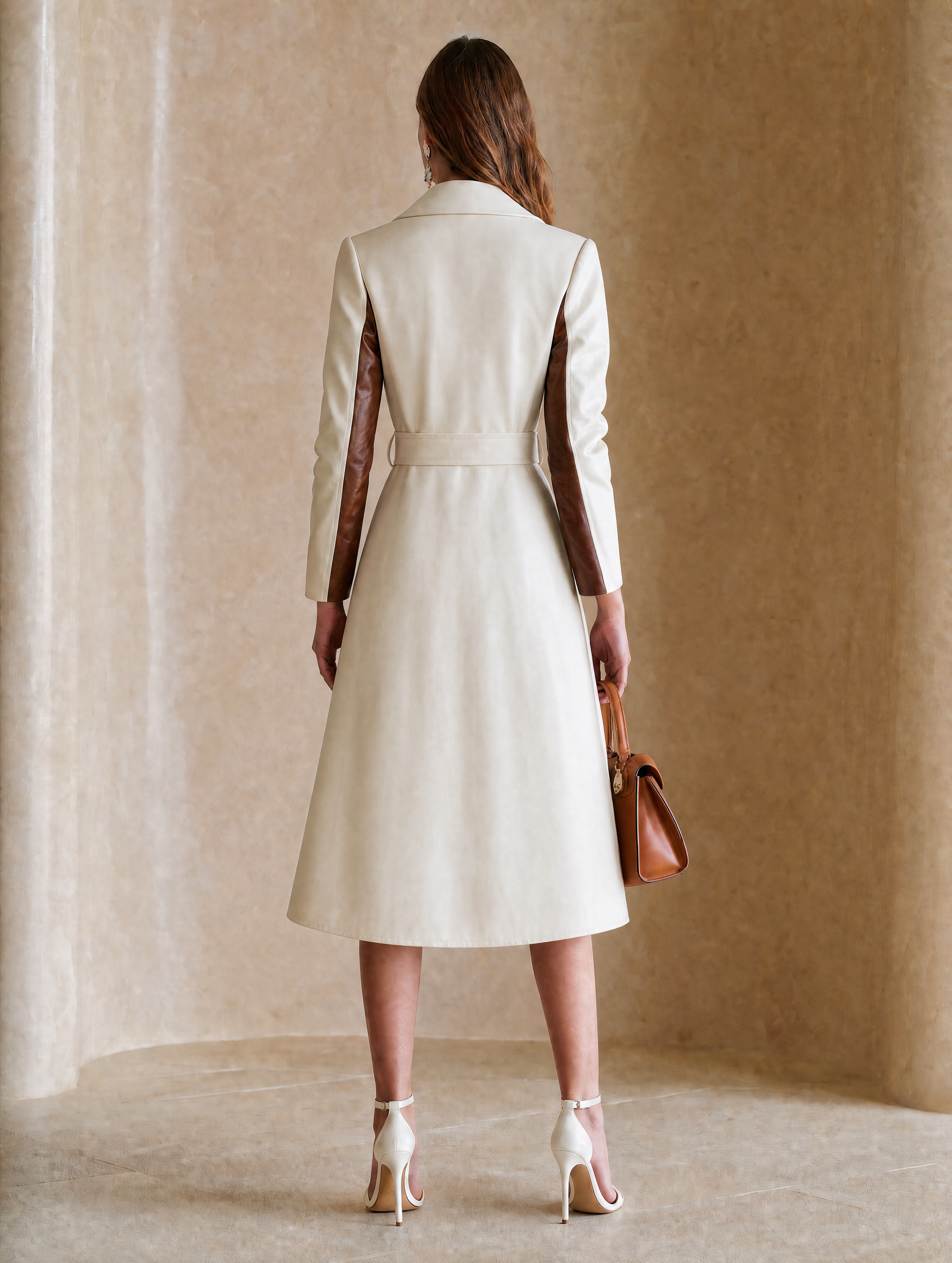 Elegant Ivory & Coffee Brown Contrast Patchwork Trench Coat