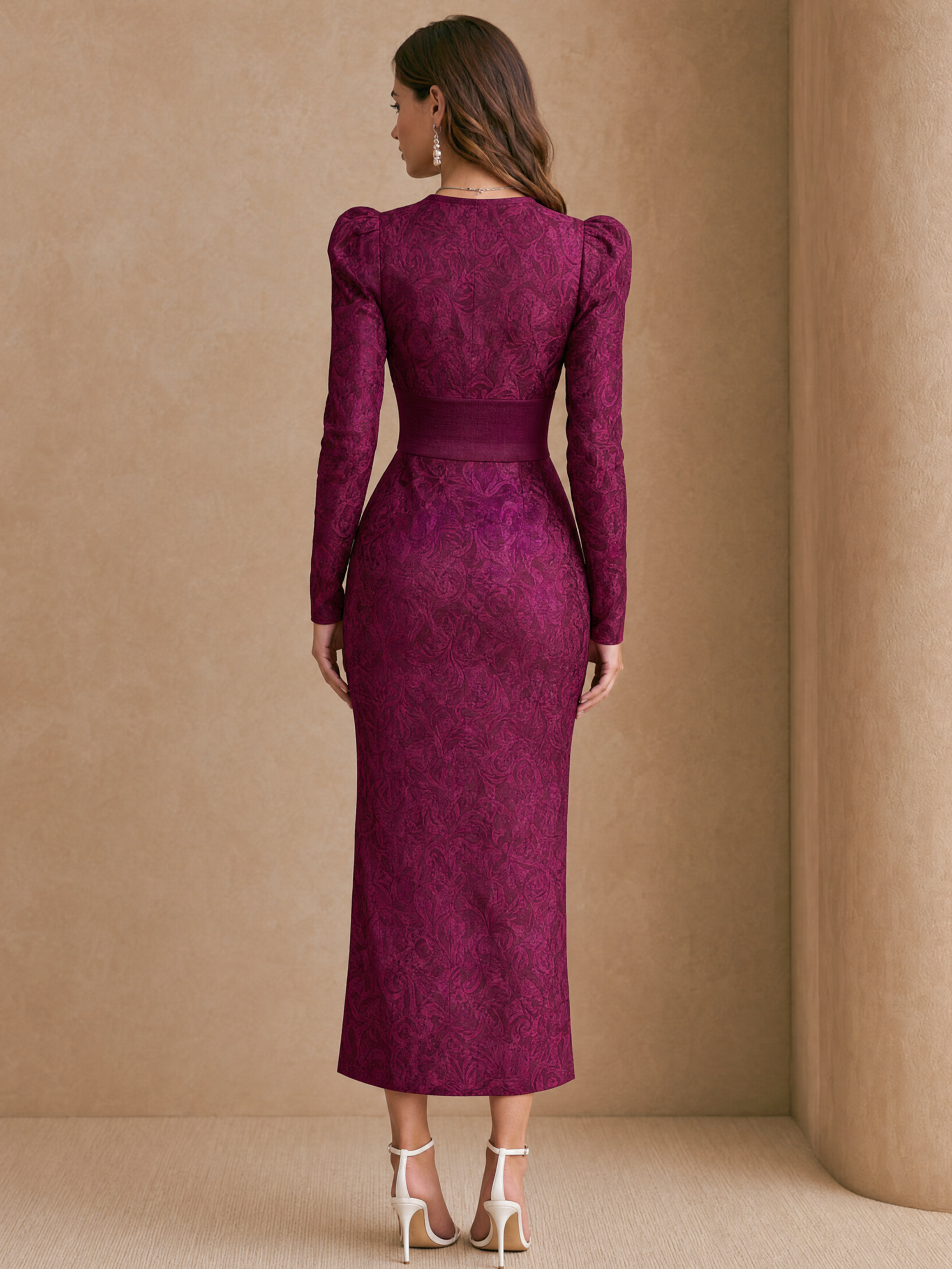 Elegant Berry Purple Jacquard Sweetheart Neck Long Sleeve Midi Dress