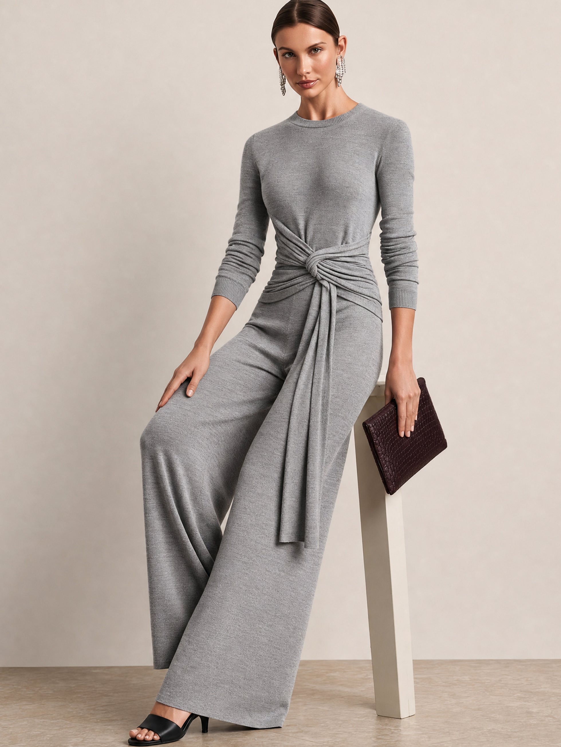Soft Knit Long Sleeve Waist Twist Tie Top&Wide Leg Trousers Set