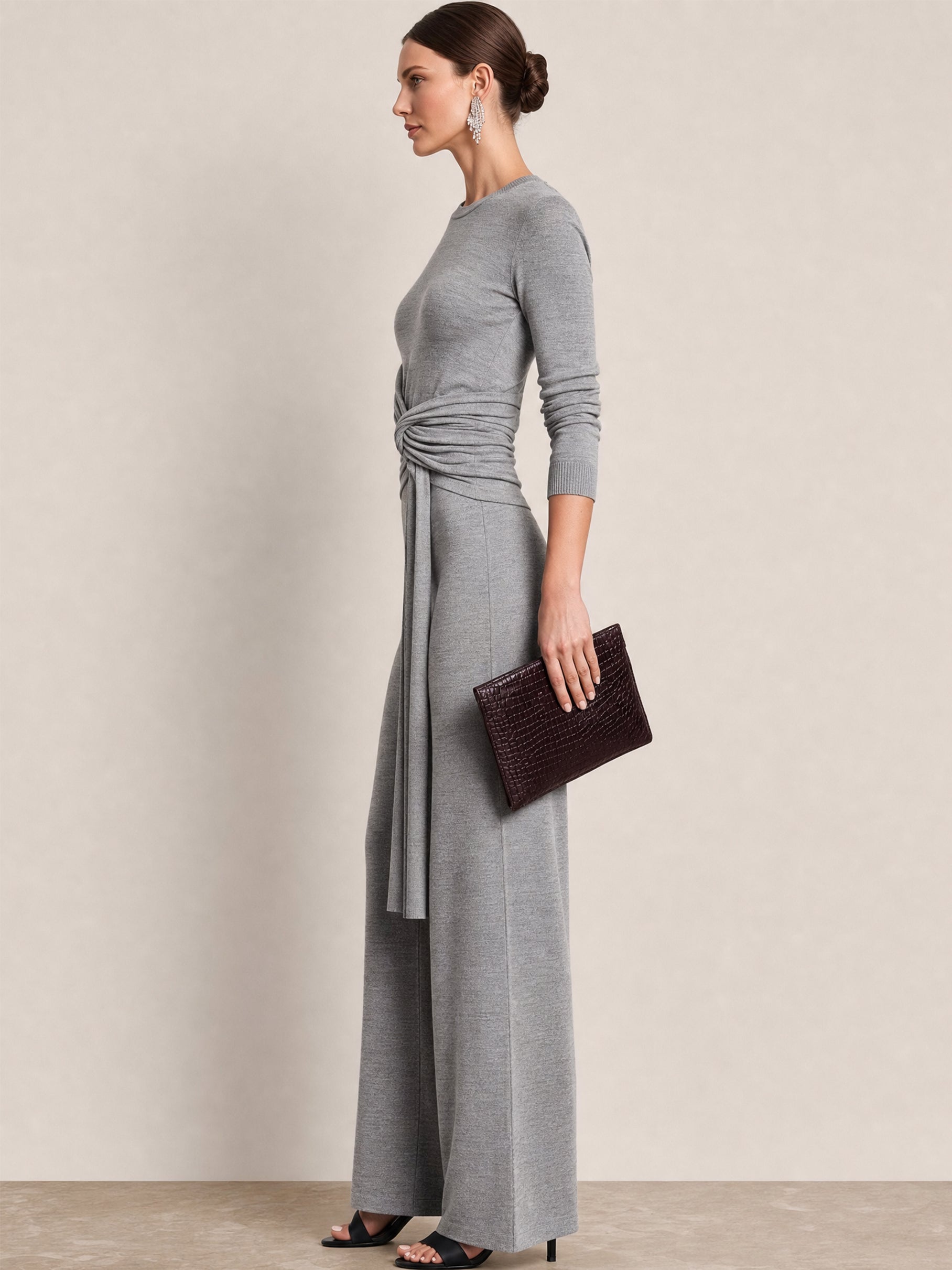 Soft Knit Long Sleeve Waist Twist Tie Top&Wide Leg Trousers Set