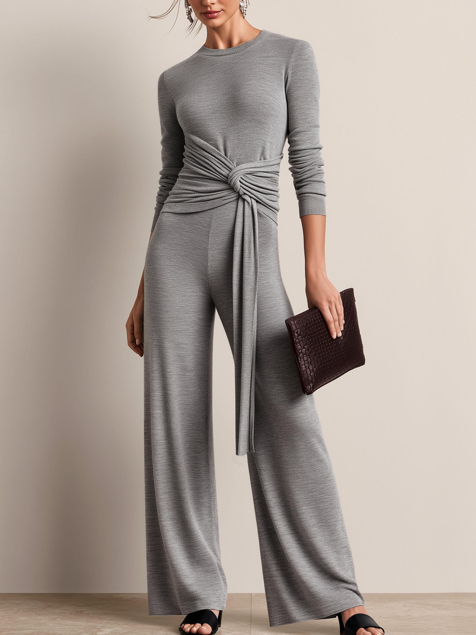 Soft Knit Long Sleeve Waist Twist Tie Top&Wide Leg Trousers Set