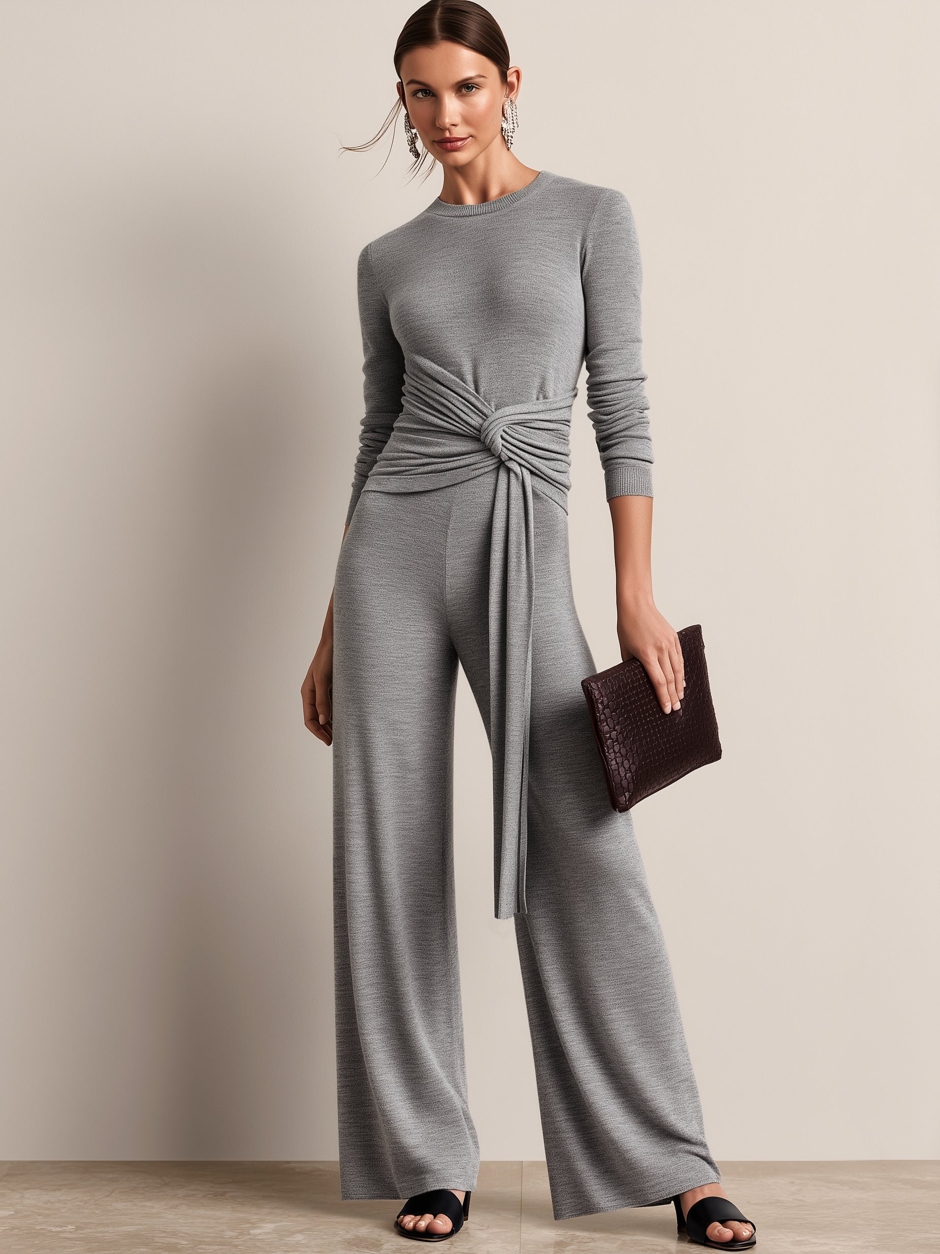 Soft Knit Long Sleeve Waist Twist Tie Top&Wide Leg Trousers Set