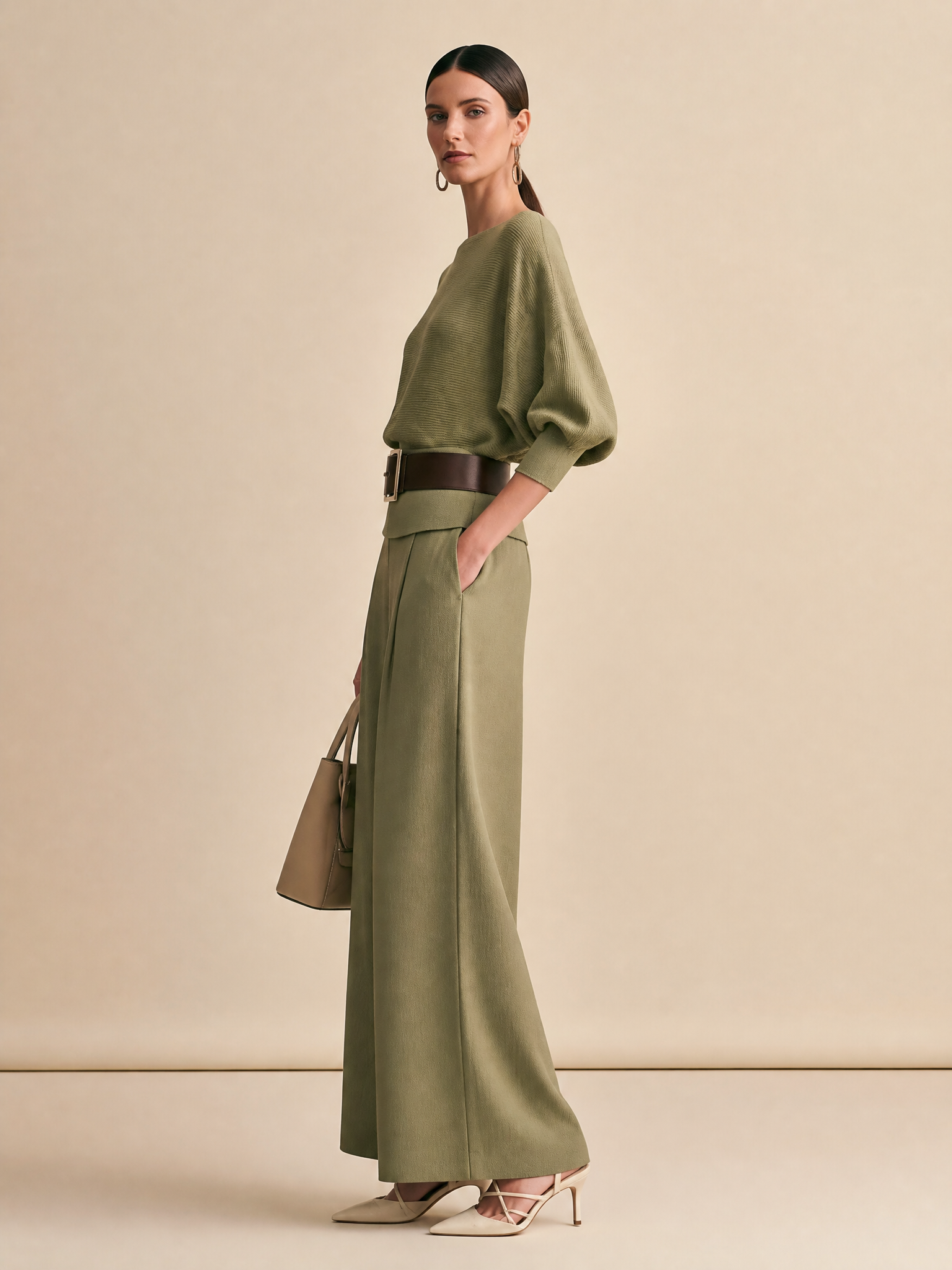 Elegant Draped Knit Olive Boat Neck Batwing Sleeve Wide‑Leg Pant Set