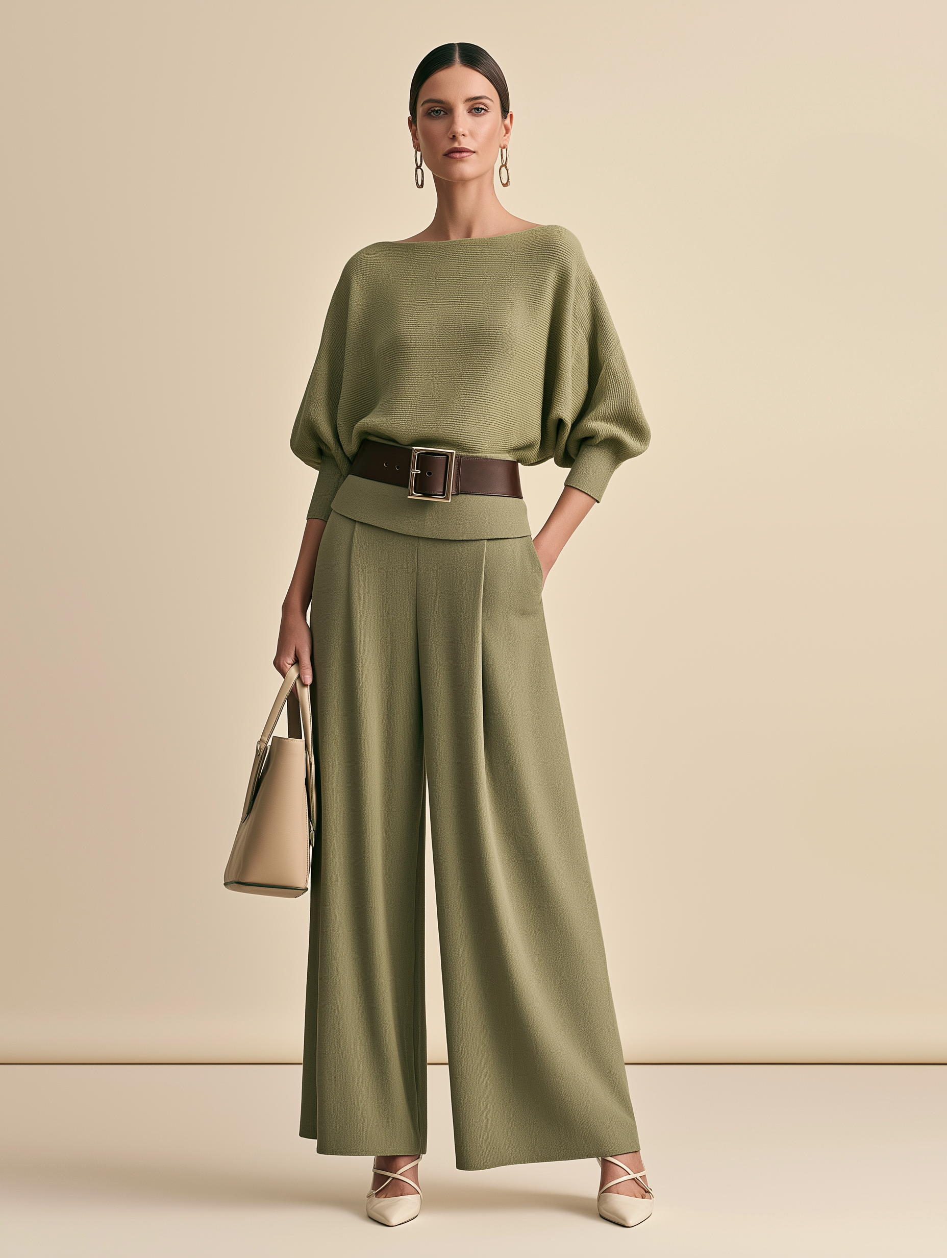Elegant Draped Knit Olive Boat Neck Batwing Sleeve Wide‑Leg Pant Set