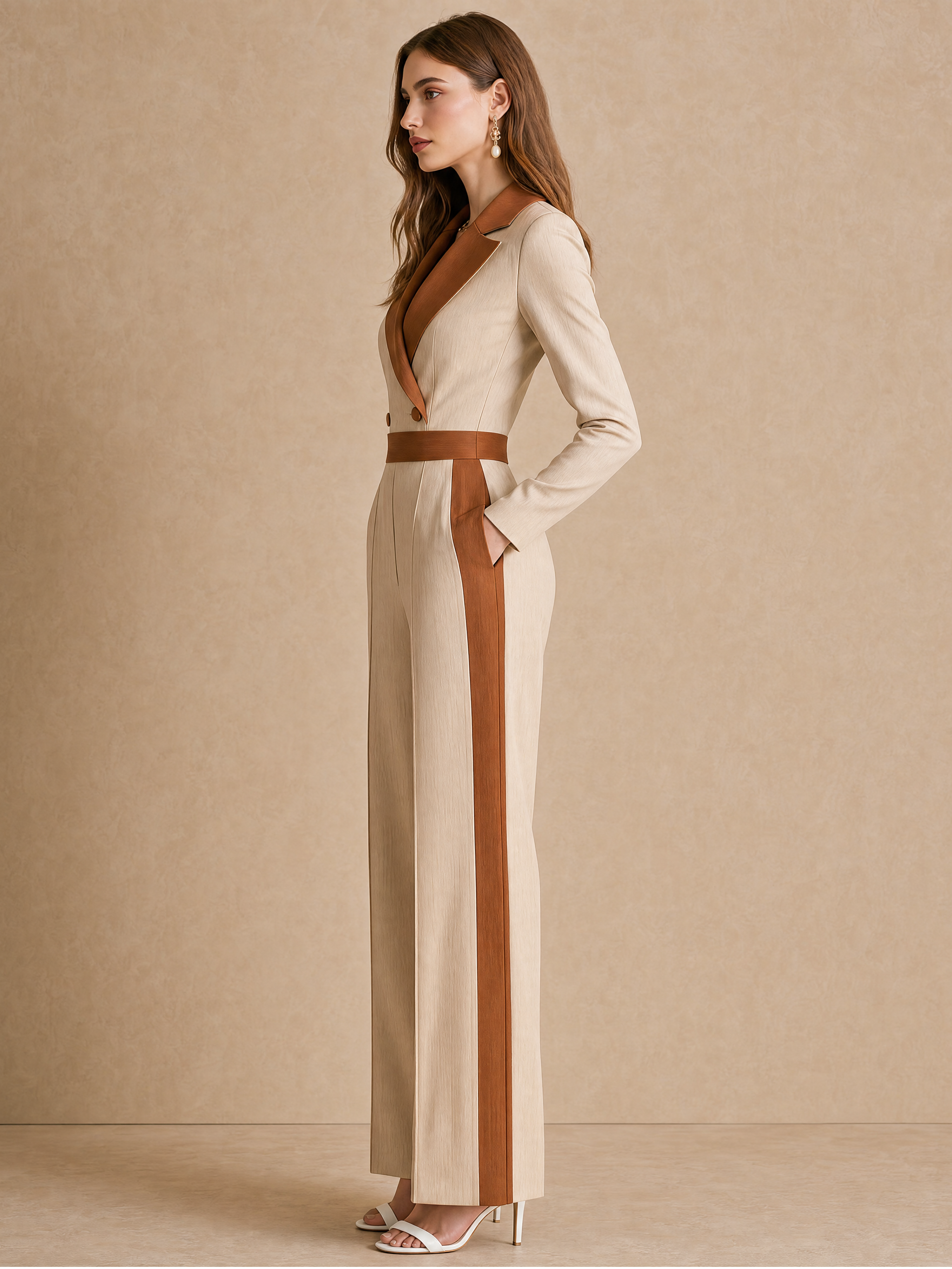 Elegant Coffee Brown Contrast Tailored Blazer Jumpsuit