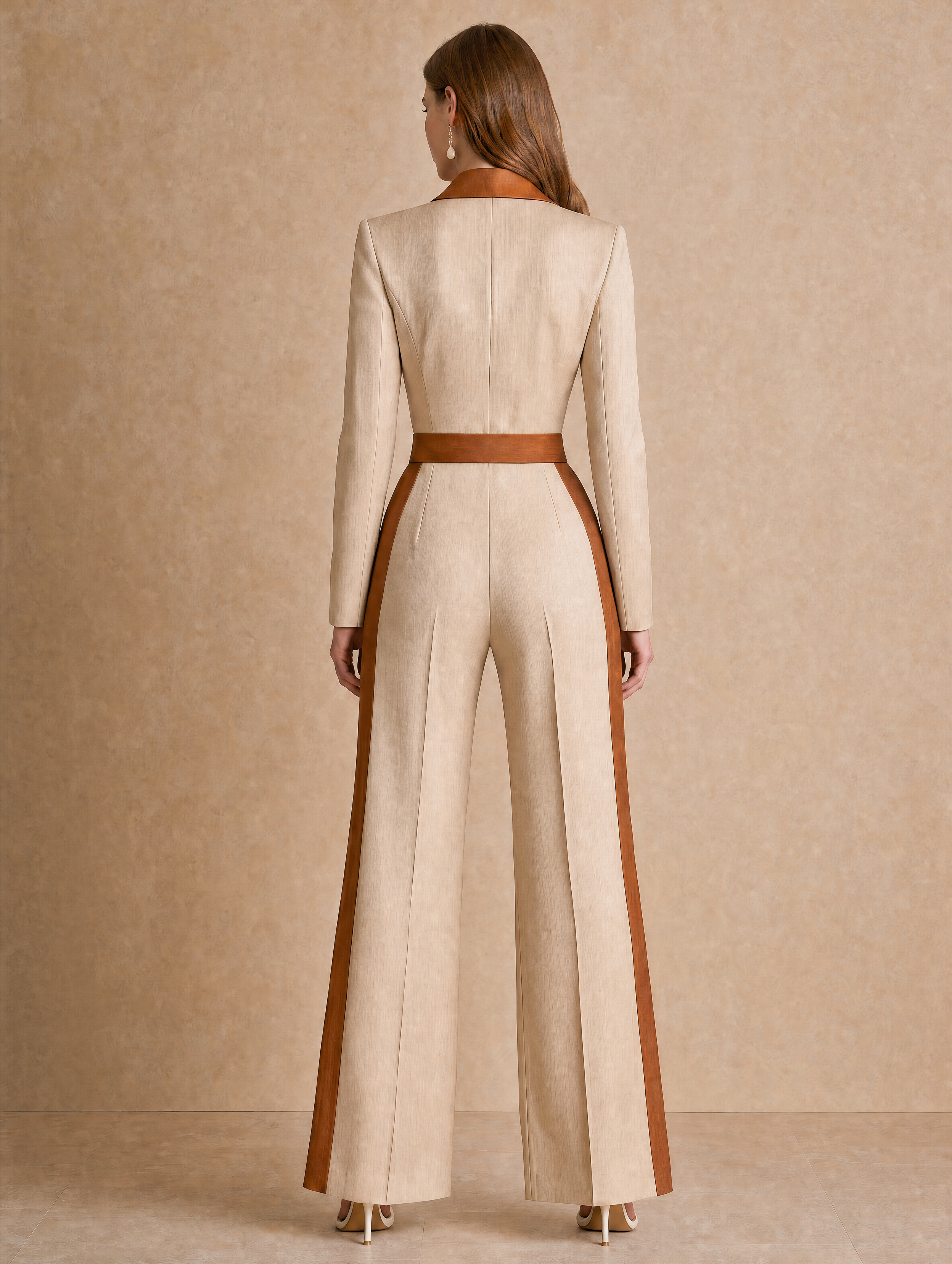 Elegant Coffee Brown Contrast Tailored Blazer Jumpsuit