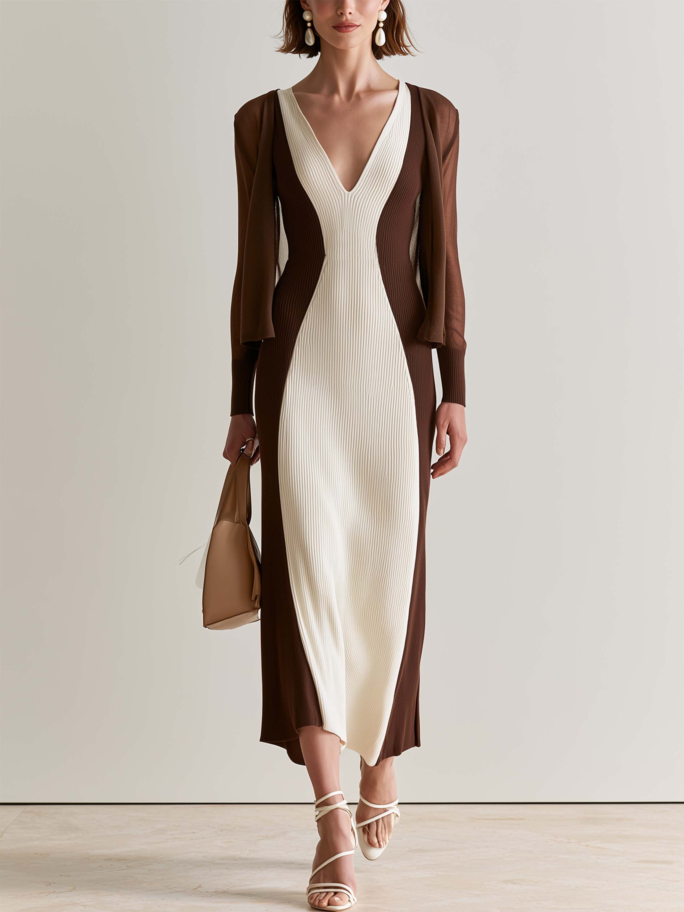 Elegant Relaxed Knit Brown‑White Color‑Block V‑Neck Midi Dress Set