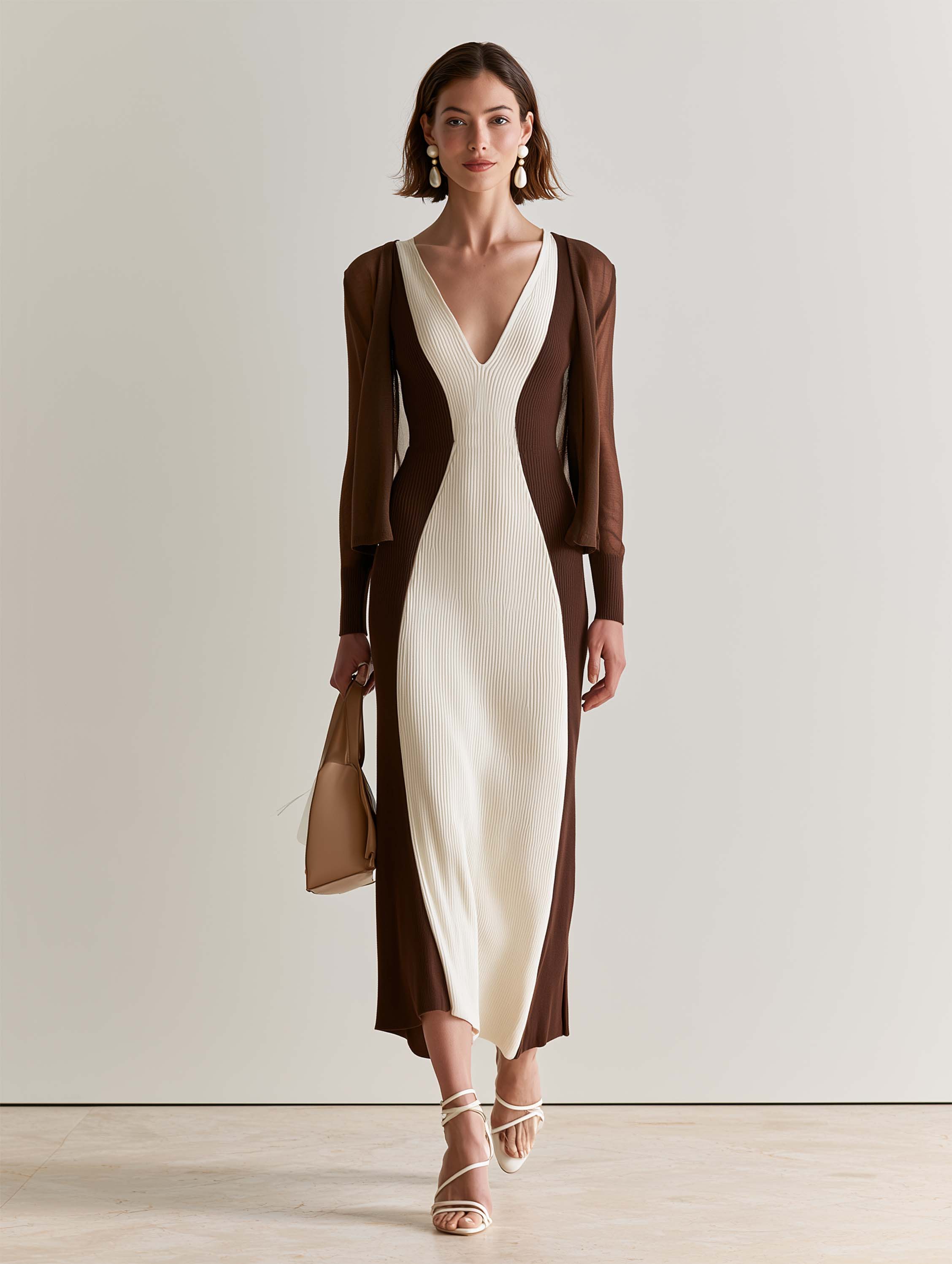 Elegant Relaxed Knit Brown‑White Color‑Block V‑Neck Midi Dress Set