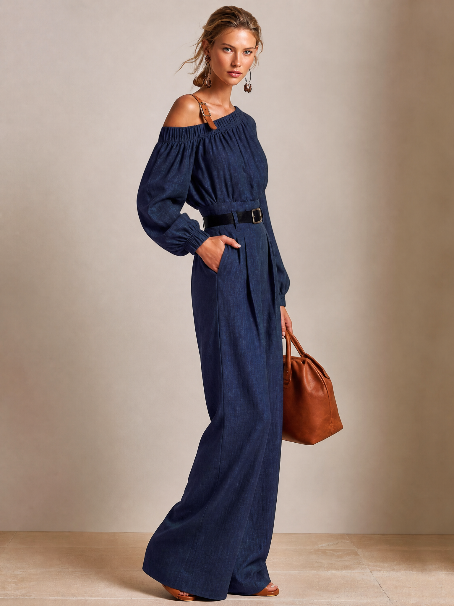 Elegant Relaxed Linen Navy One‑Shoulder Lantern‑Sleeve Wide‑Leg Pant Set